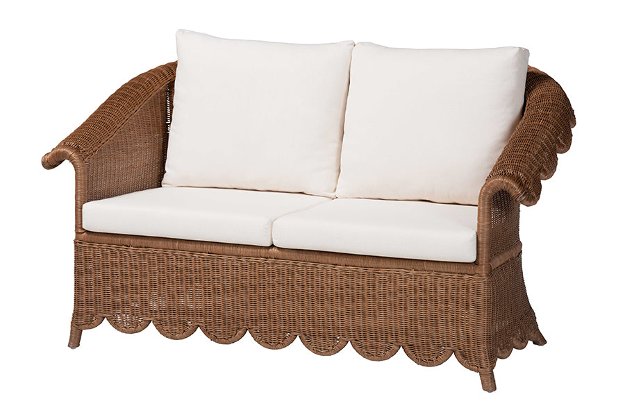 Bali & Pari Detta Rattan Loveseat with Cushion Handwoven Wicker Settee with Rolled Arms and Scalloped Skirt Base, Boho Coastal Style for Sunroom or Lounge