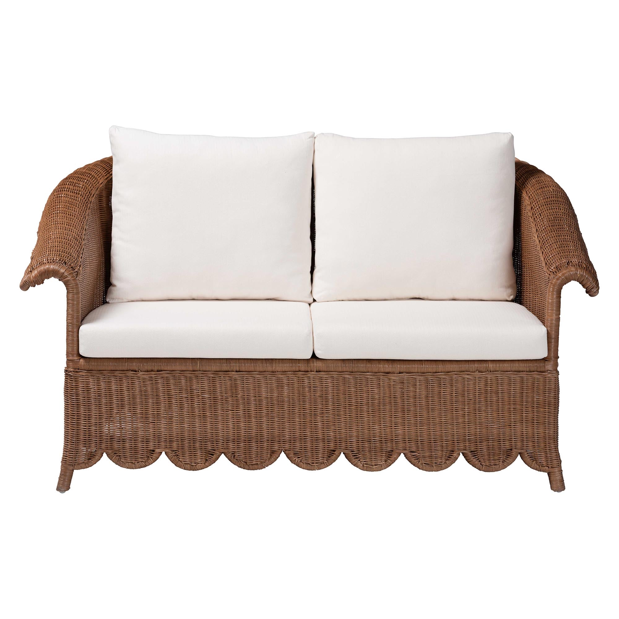 Bali & Pari Detta Rattan Loveseat with Cushion Handwoven Wicker Settee with Rolled Arms and Scalloped Skirt Base, Boho Coastal Style for Sunroom or Lounge