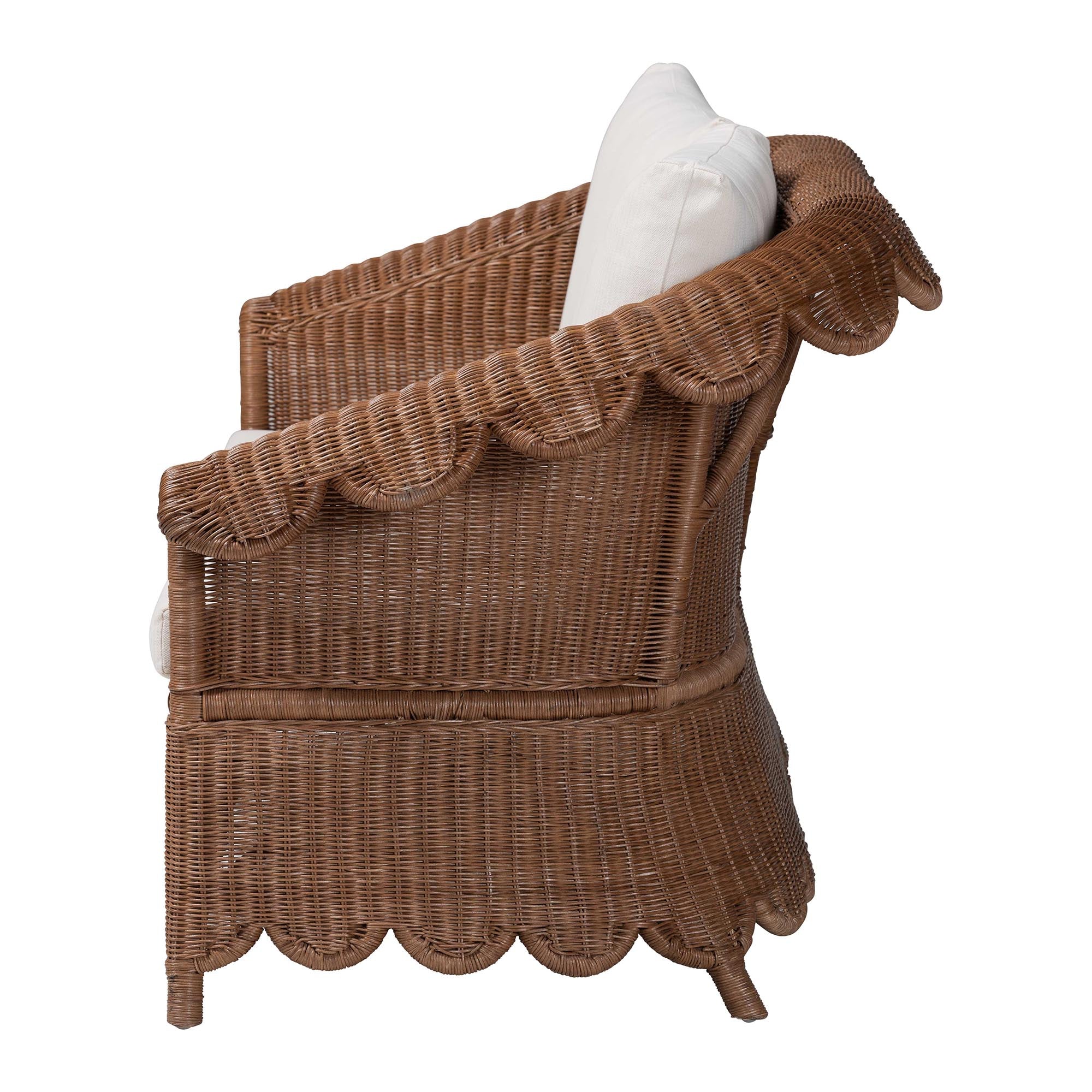 Bali & Pari Detta Rattan Loveseat with Cushion Handwoven Wicker Settee with Rolled Arms and Scalloped Skirt Base, Boho Coastal Style for Sunroom or Lounge