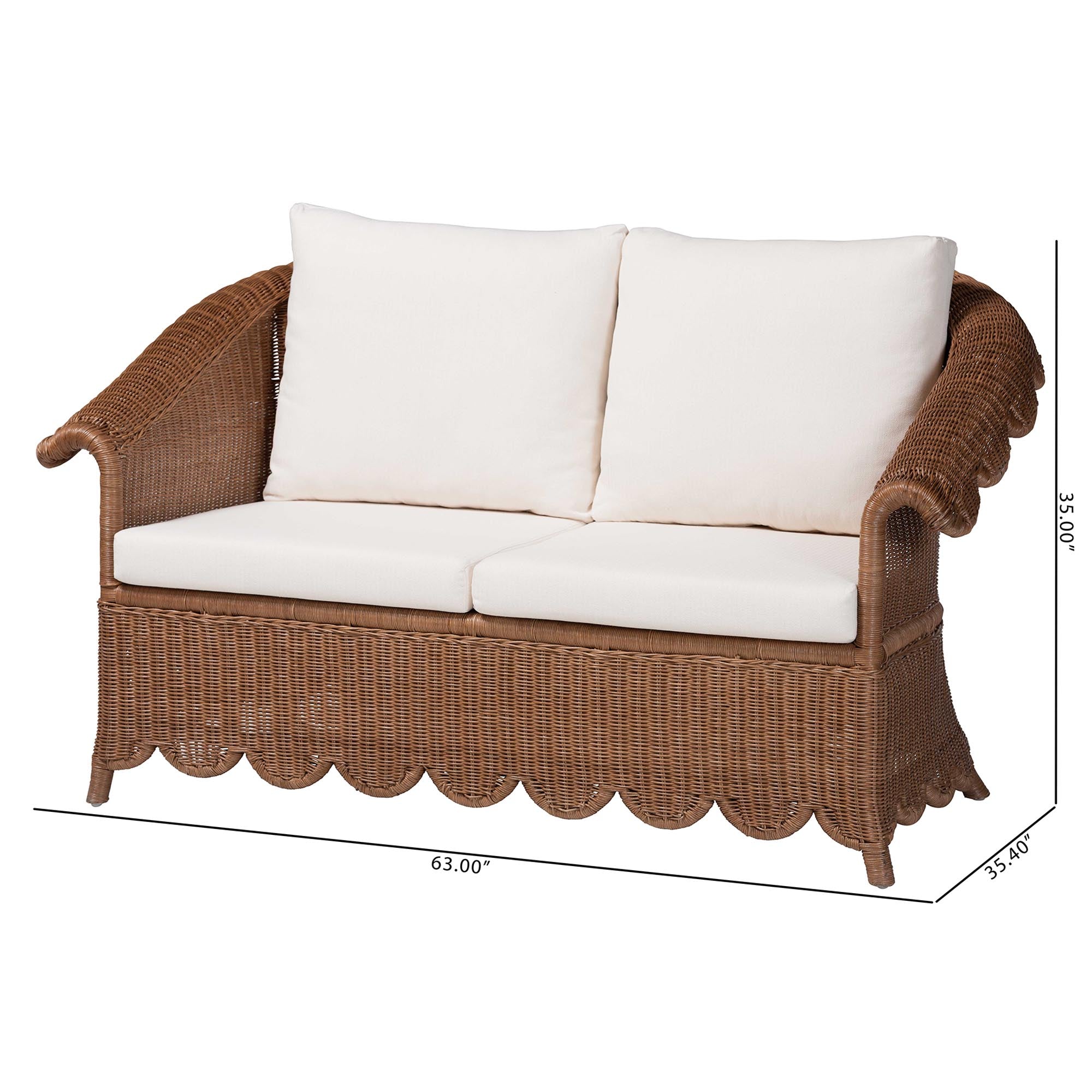 Bali & Pari Detta Rattan Loveseat with Cushion Handwoven Wicker Settee with Rolled Arms and Scalloped Skirt Base, Boho Coastal Style for Sunroom or Lounge