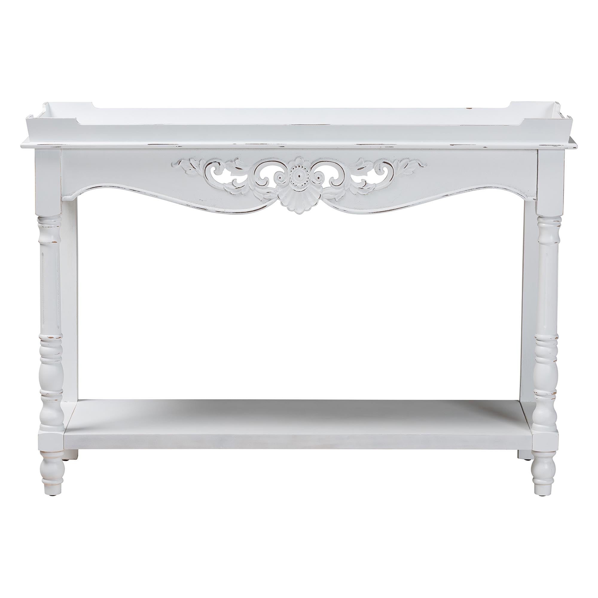 Rafferty Distressed Console Table - Vintage-Inspired Accent Table with Ornate Carved Apron and Lower Shelf, Classic Entryway or Sofa Table
