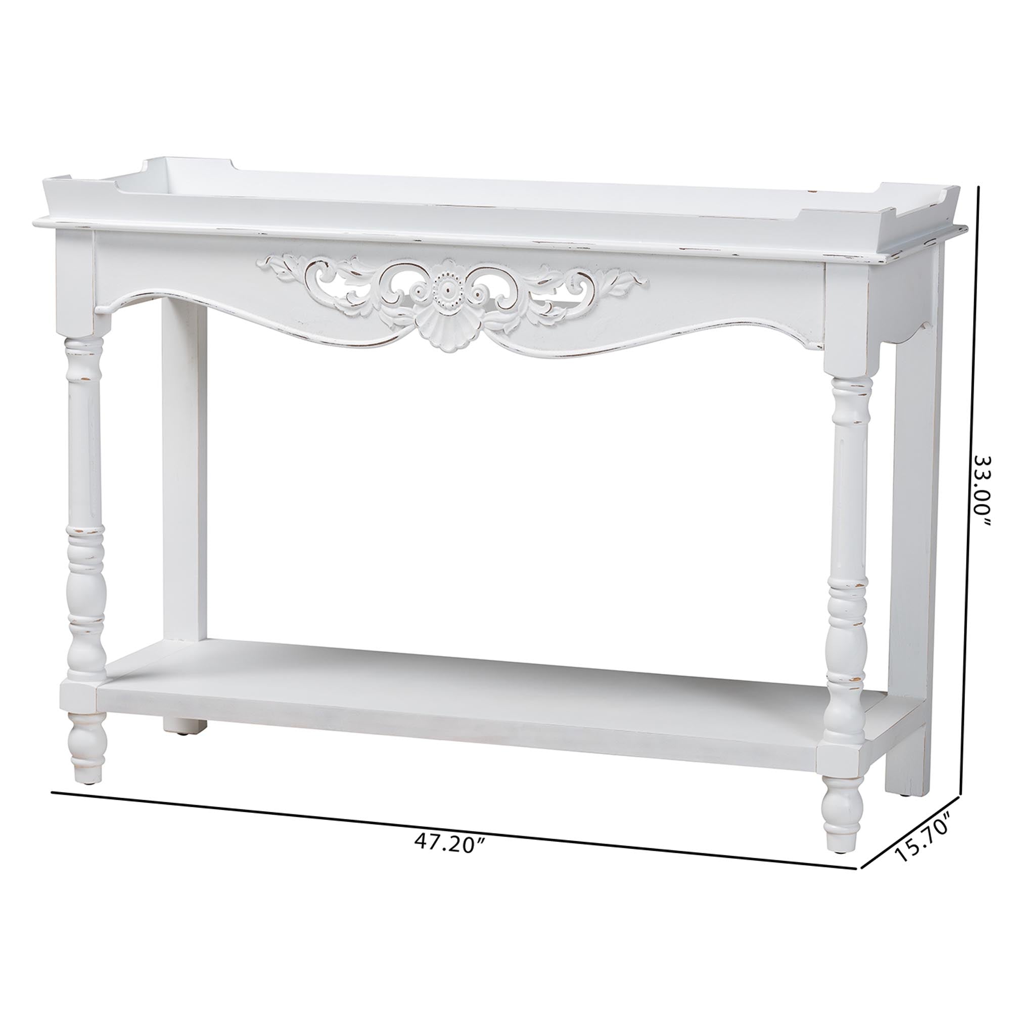 Rafferty Distressed Console Table - Vintage-Inspired Accent Table with Ornate Carved Apron and Lower Shelf, Classic Entryway or Sofa Table