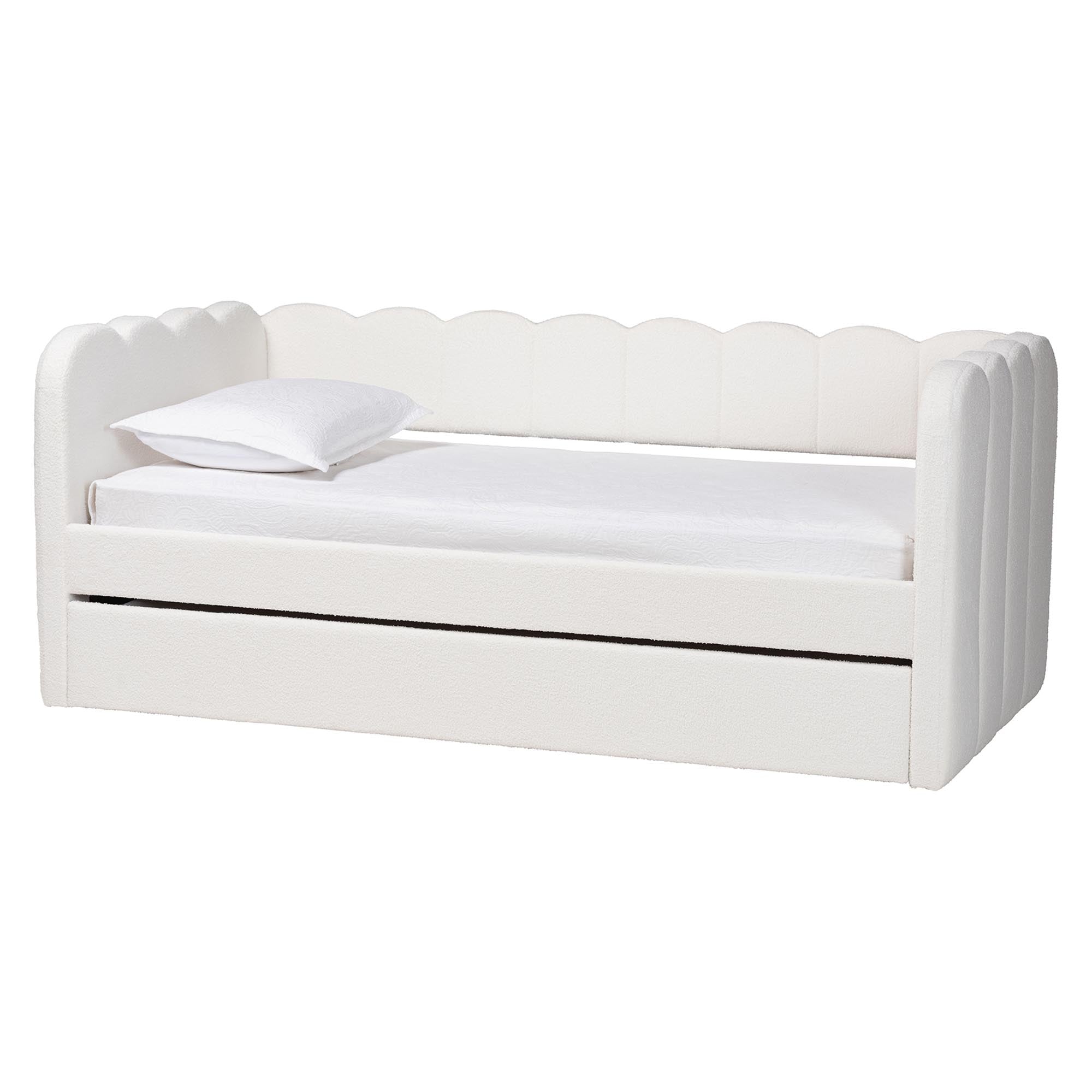 Palmer Cream Teddy-Bear Fabric Daybed with Rolling Trundle - Scalloped Edge Daybed with Plush Upholstery, Modern Sofa Bed for Bedroom or Guest Room,