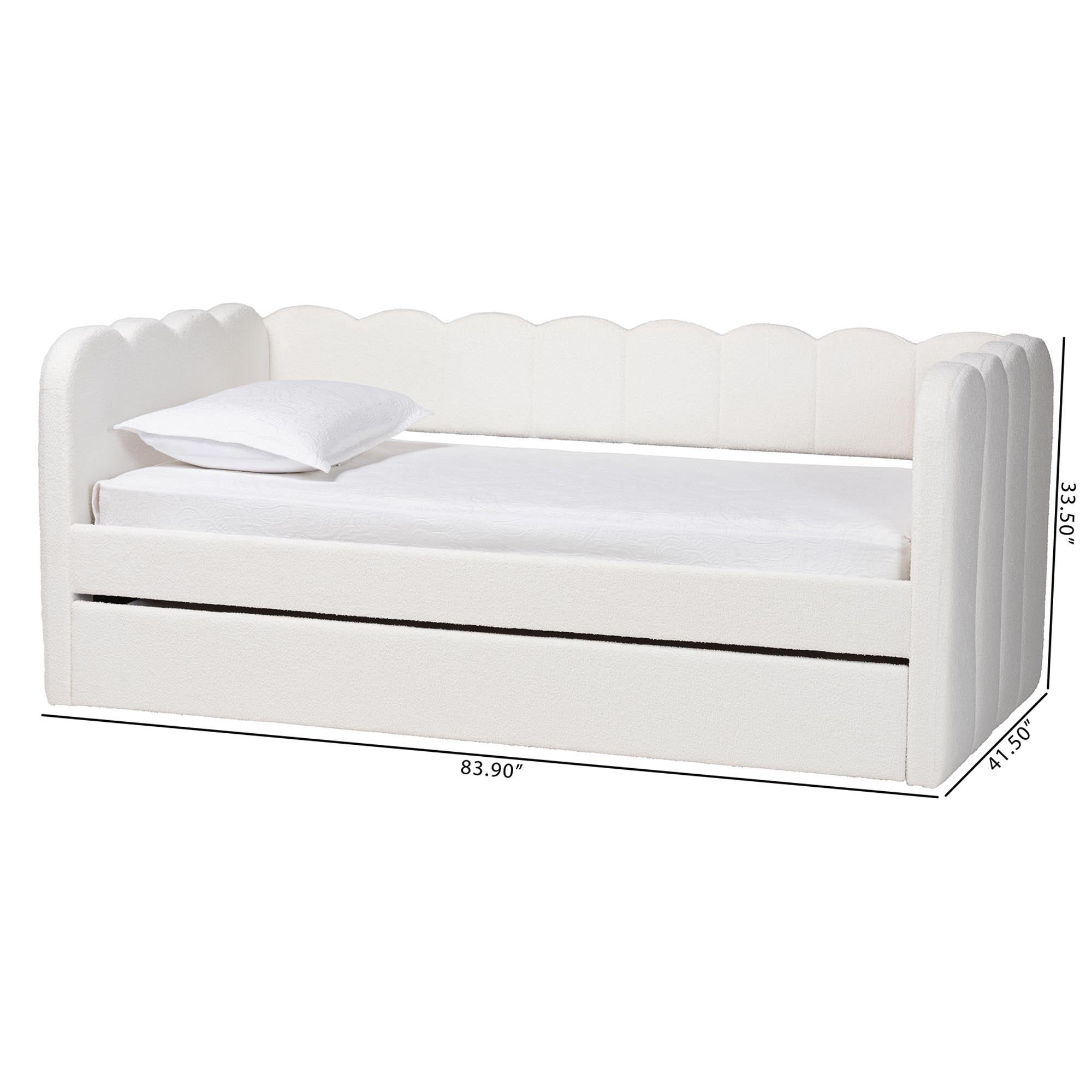 Palmer Cream Teddy-Bear Fabric Daybed with Rolling Trundle - Scalloped Edge Daybed with Plush Upholstery, Modern Sofa Bed for Bedroom or Guest Room,
