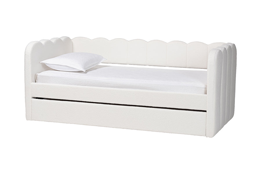 Palmer Cream Teddy-Bear Fabric Daybed with Rolling Trundle - Scalloped Edge Daybed with Plush Upholstery, Modern Sofa Bed for Bedroom or Guest Room,