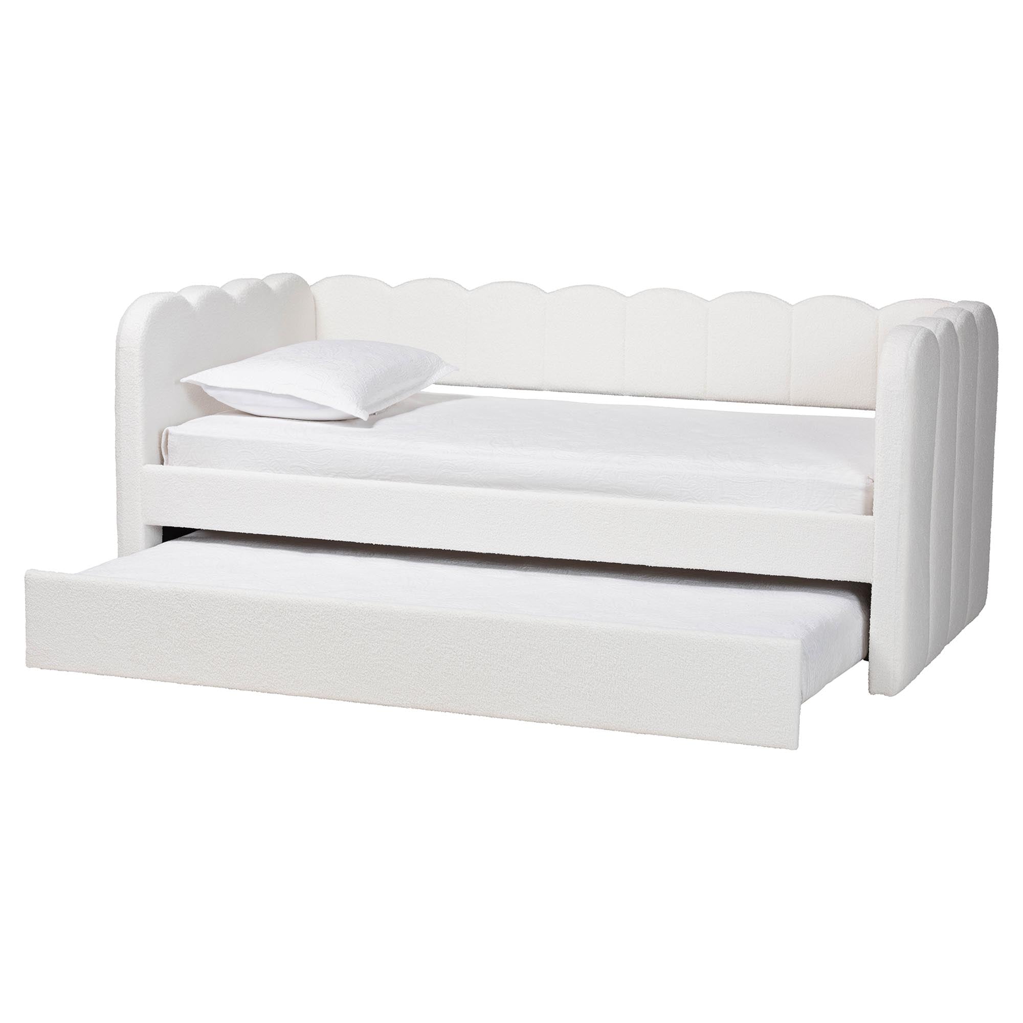 Palmer Cream Teddy-Bear Fabric Daybed with Rolling Trundle - Scalloped Edge Daybed with Plush Upholstery, Modern Sofa Bed for Bedroom or Guest Room,
