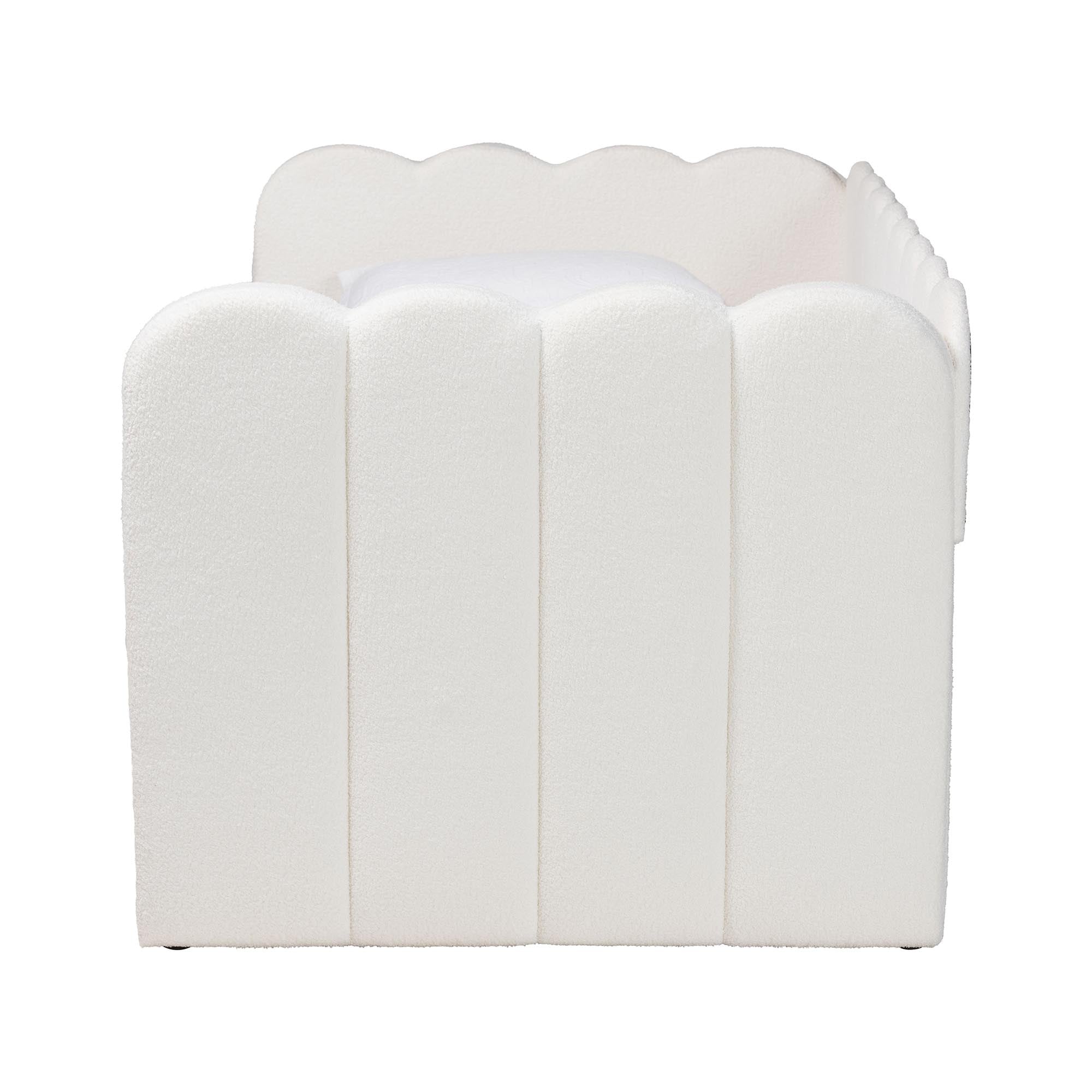 Palmer Cream Teddy-Bear Fabric Daybed with Rolling Trundle - Scalloped Edge Daybed with Plush Upholstery, Modern Sofa Bed for Bedroom or Guest Room,