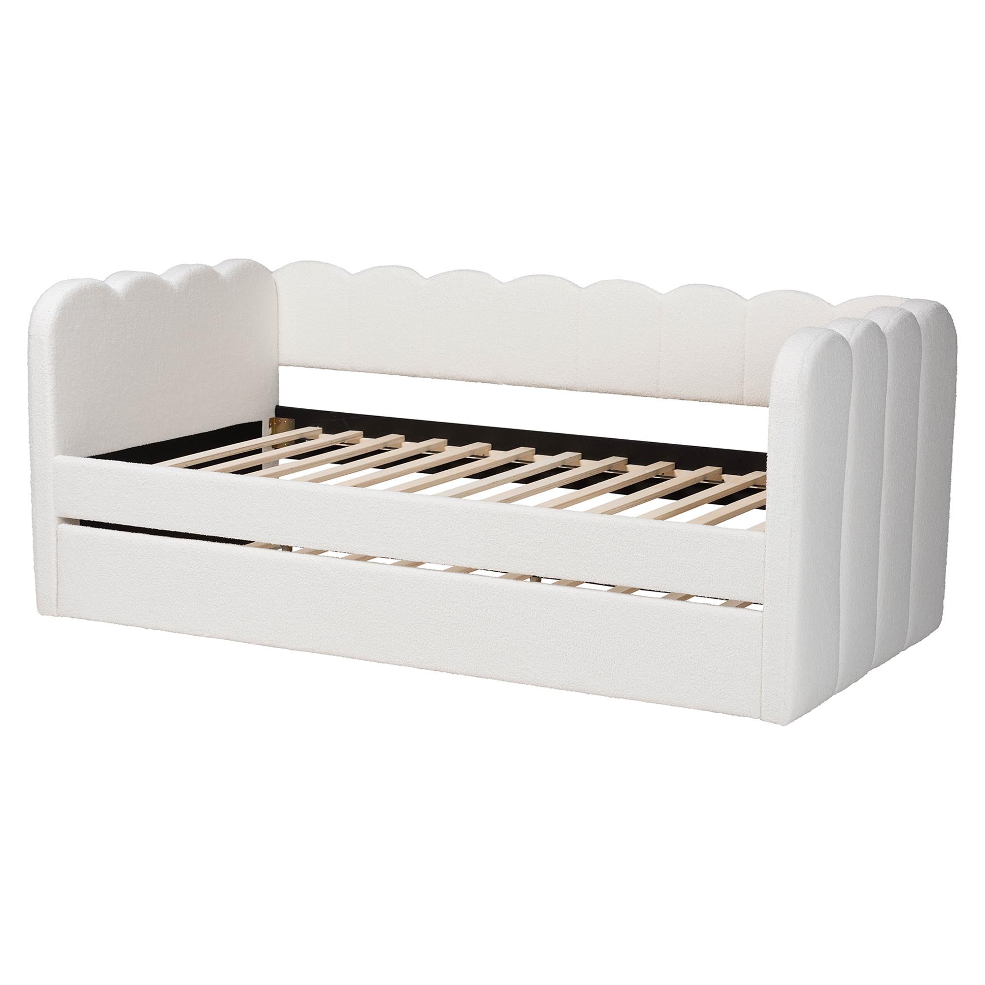 Palmer Cream Teddy-Bear Fabric Daybed with Rolling Trundle - Scalloped Edge Daybed with Plush Upholstery, Modern Sofa Bed for Bedroom or Guest Room,