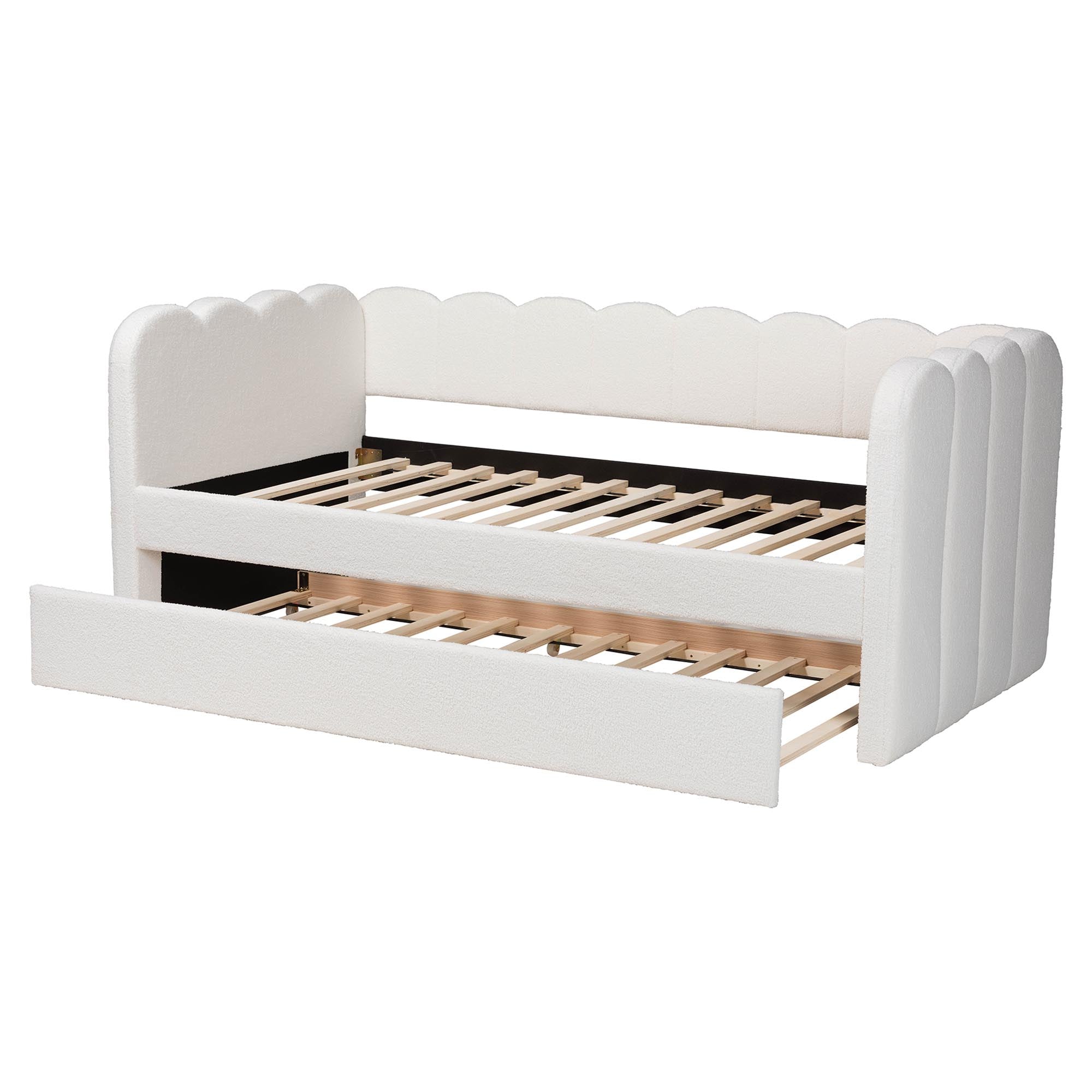 Palmer Cream Teddy-Bear Fabric Daybed with Rolling Trundle - Scalloped Edge Daybed with Plush Upholstery, Modern Sofa Bed for Bedroom or Guest Room,