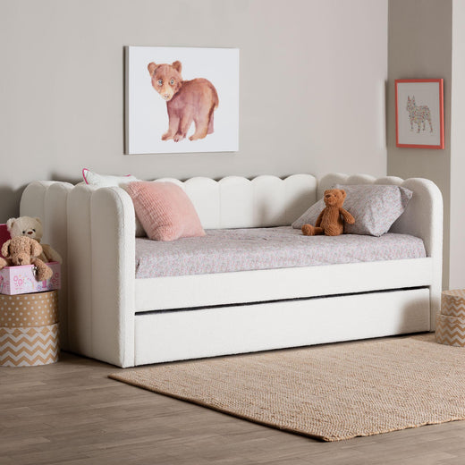 Palmer Cream Teddy-Bear Fabric Daybed with Rolling Trundle - Scalloped Edge Daybed with Plush Upholstery, Modern Sofa Bed for Bedroom or Guest Room,