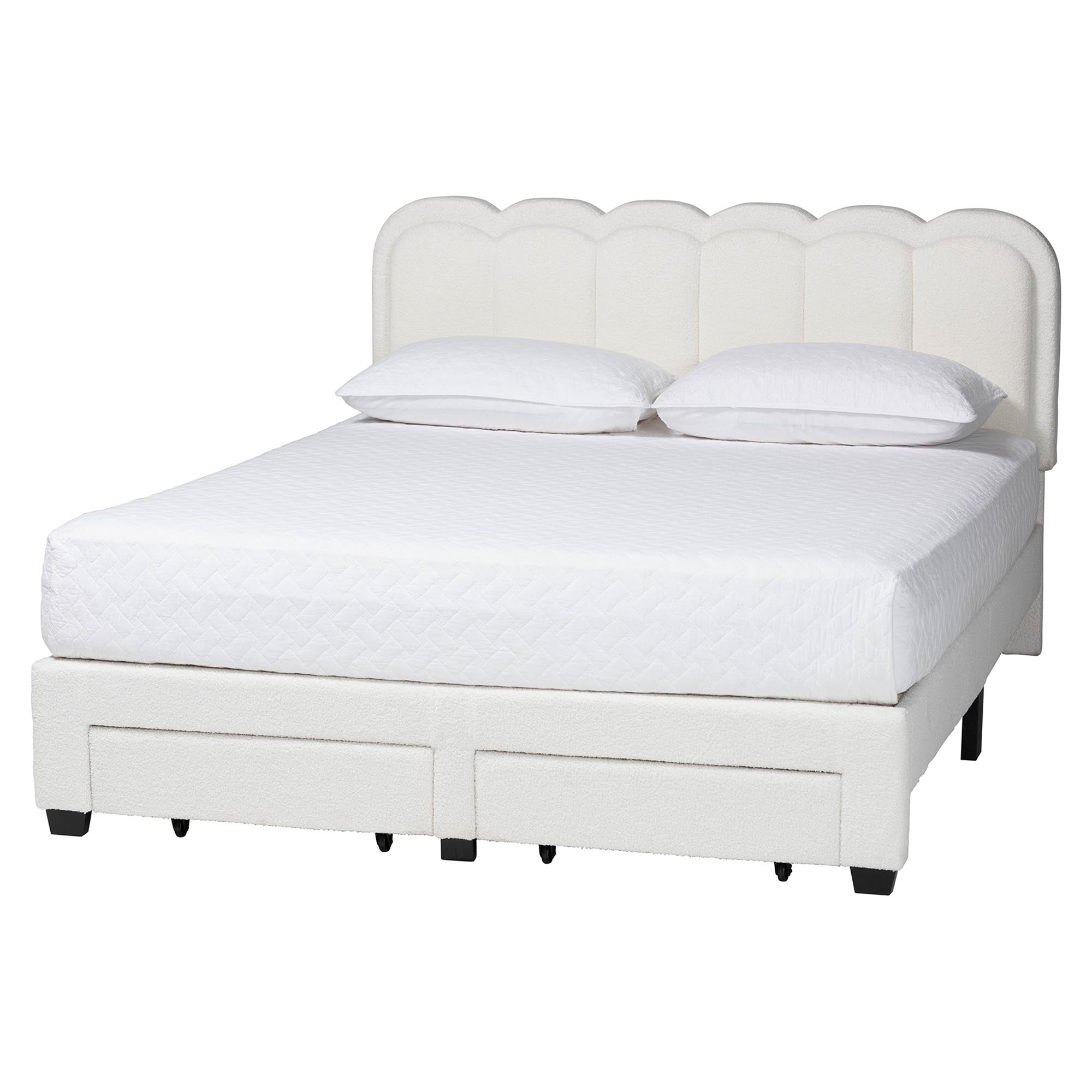 Caradonna Cream Teddy-Bear Fabric Bed with Storage Drawers - Fully Upholstered Platform Bed with Scalloped Headboard,