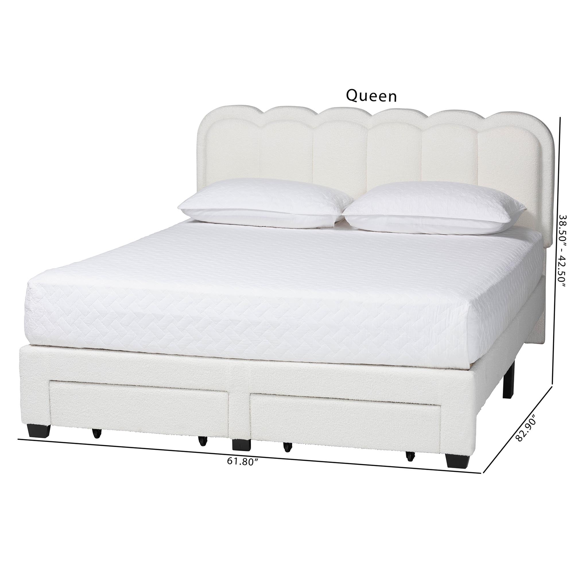 Caradonna Cream Teddy-Bear Fabric Bed with Storage Drawers - Fully Upholstered Platform Bed with Scalloped Headboard,
