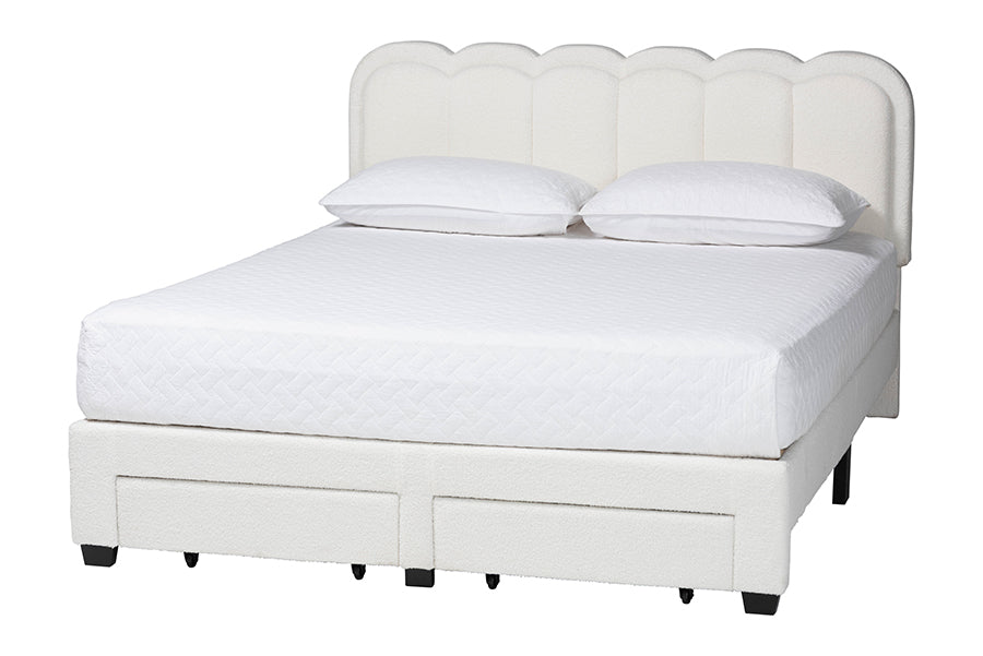 Caradonna Cream Teddy-Bear Fabric Bed with Storage Drawers - Fully Upholstered Platform Bed with Scalloped Headboard,