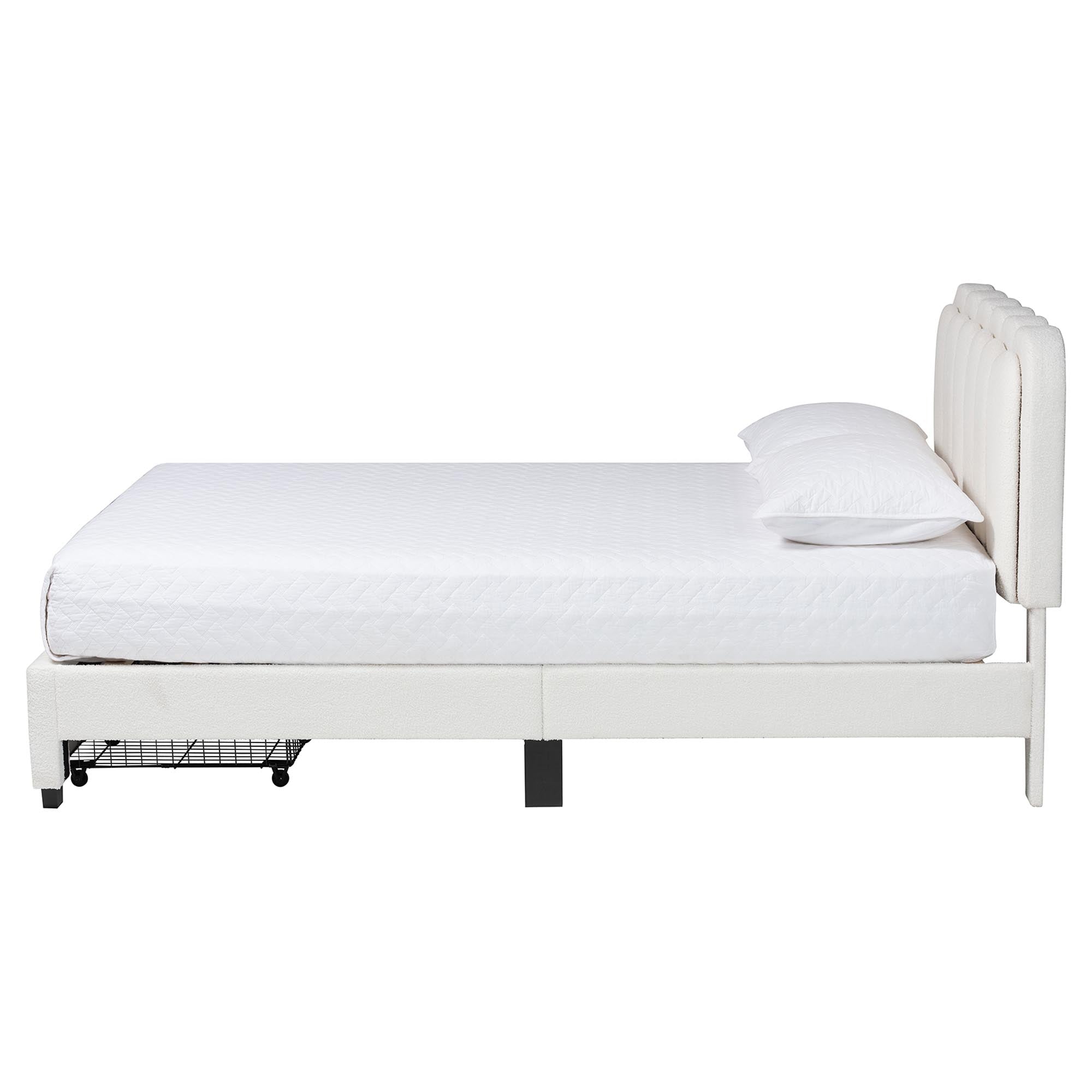 Caradonna Cream Teddy-Bear Fabric Bed with Storage Drawers - Fully Upholstered Platform Bed with Scalloped Headboard,