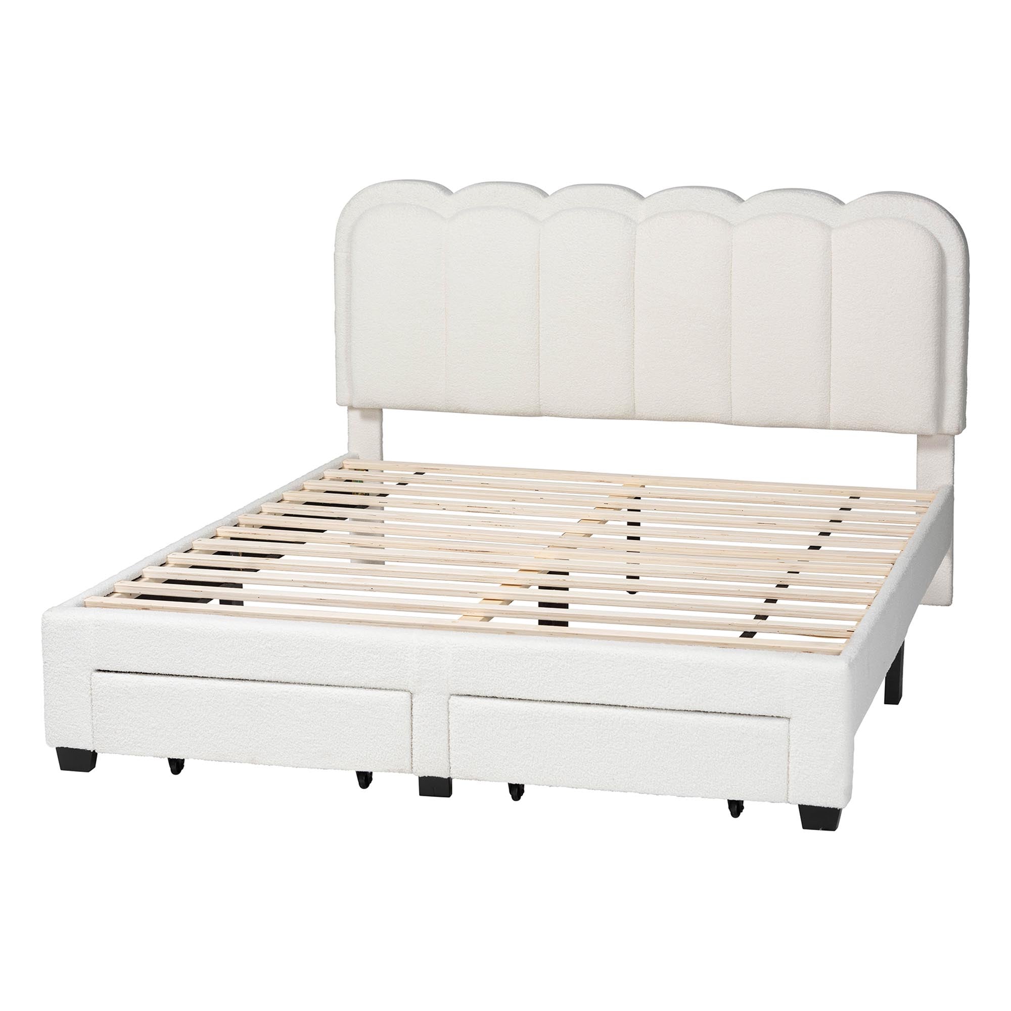 Caradonna Cream Teddy-Bear Fabric Bed with Storage Drawers - Fully Upholstered Platform Bed with Scalloped Headboard,
