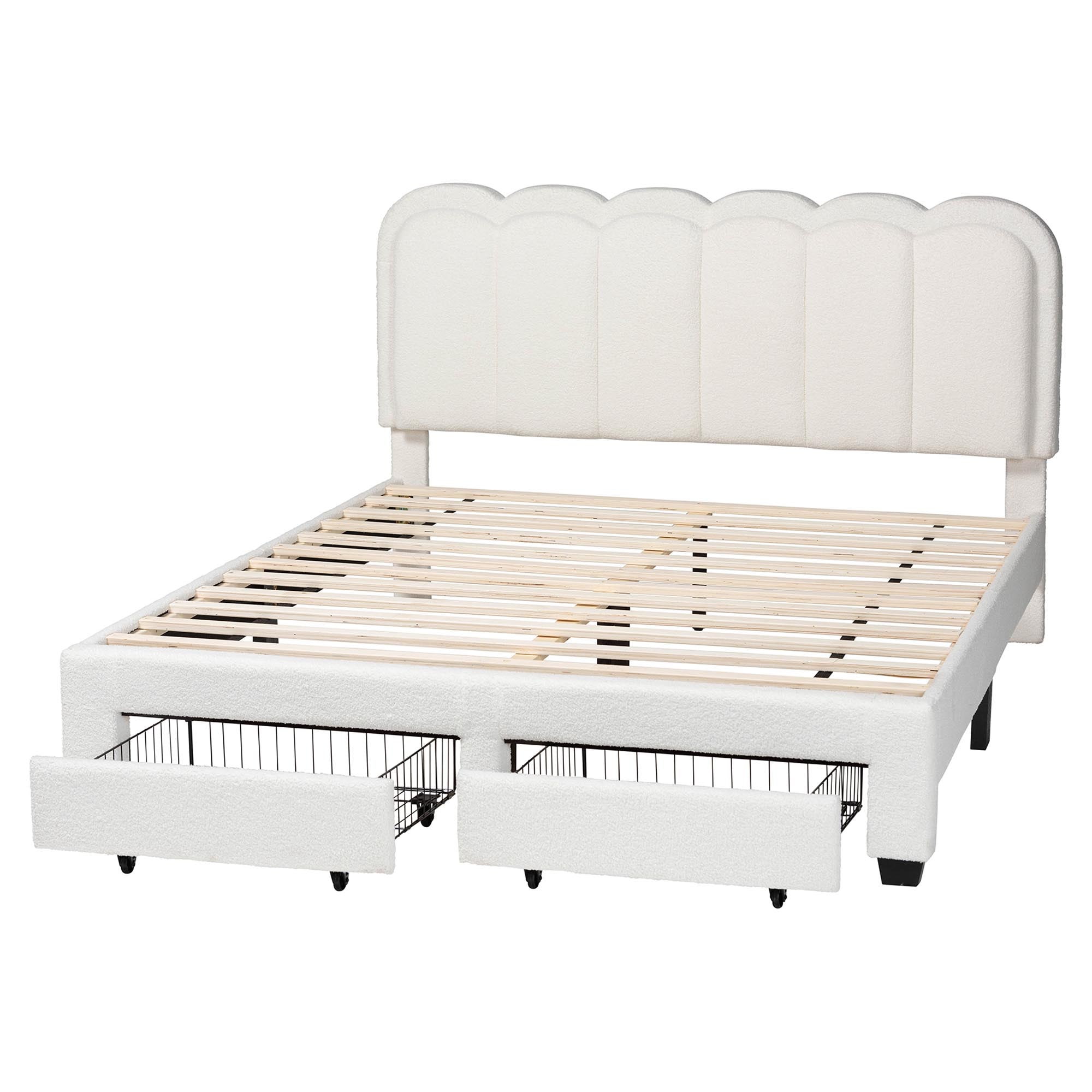 Caradonna Cream Teddy-Bear Fabric Bed with Storage Drawers - Fully Upholstered Platform Bed with Scalloped Headboard,