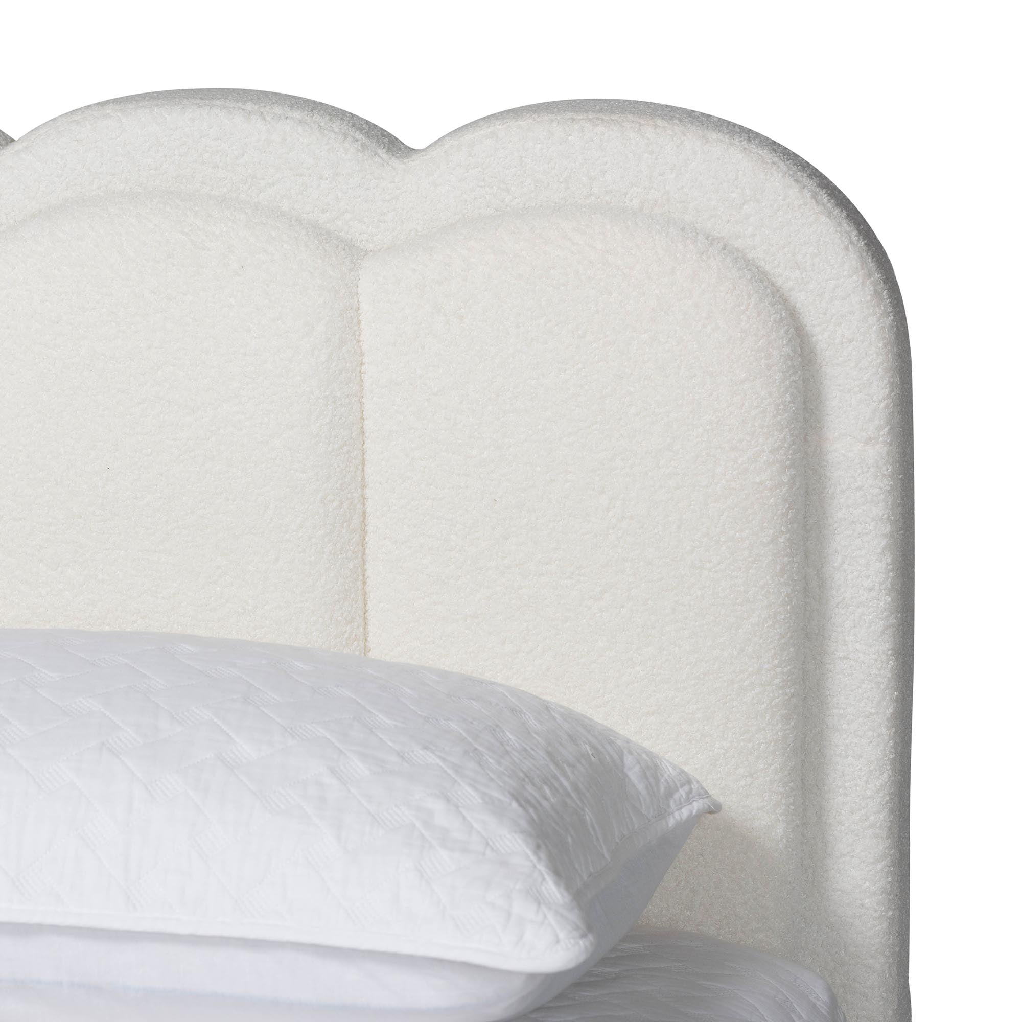 Caradonna Cream Teddy-Bear Fabric Bed with Storage Drawers - Fully Upholstered Platform Bed with Scalloped Headboard,