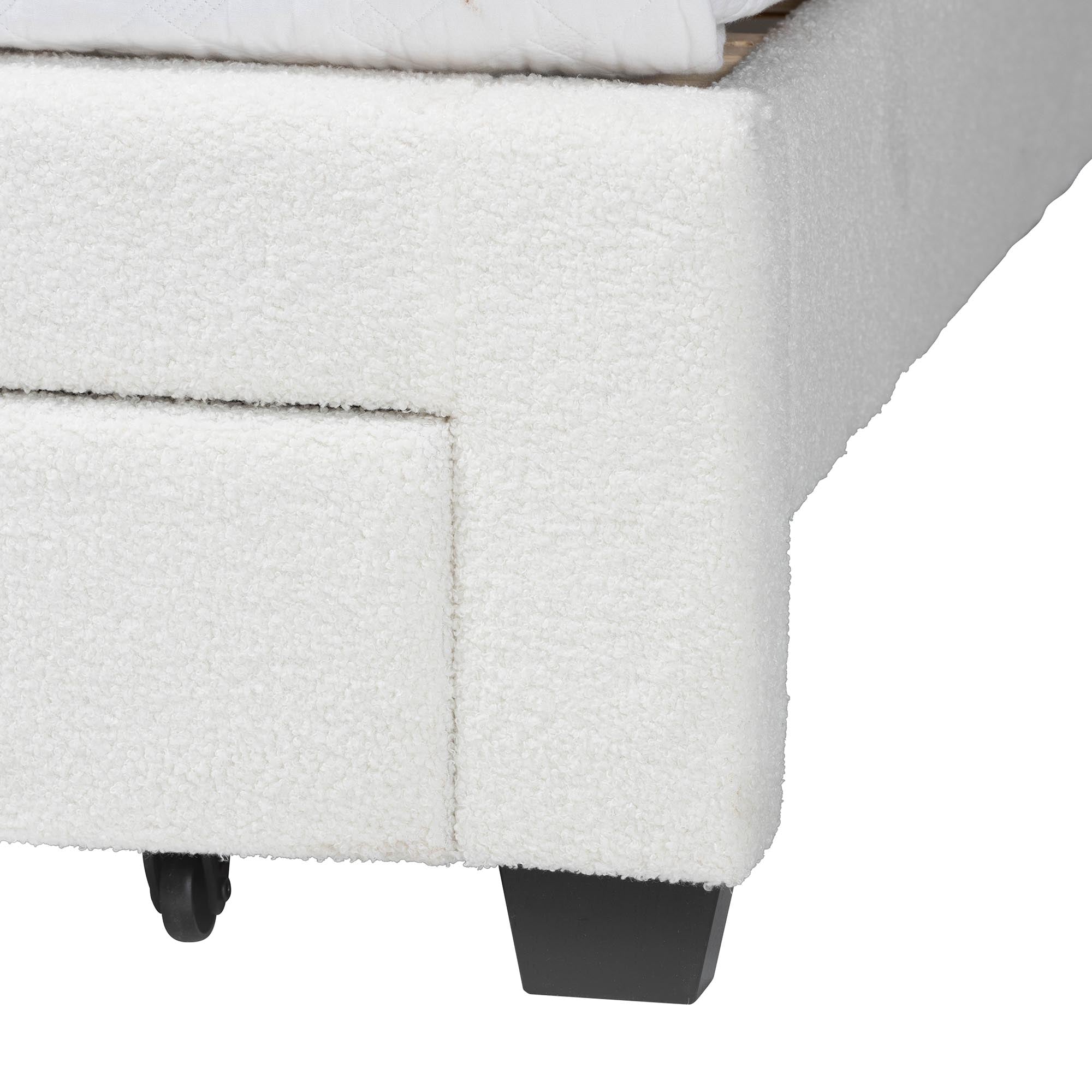 Caradonna Cream Teddy-Bear Fabric Bed with Storage Drawers - Fully Upholstered Platform Bed with Scalloped Headboard,
