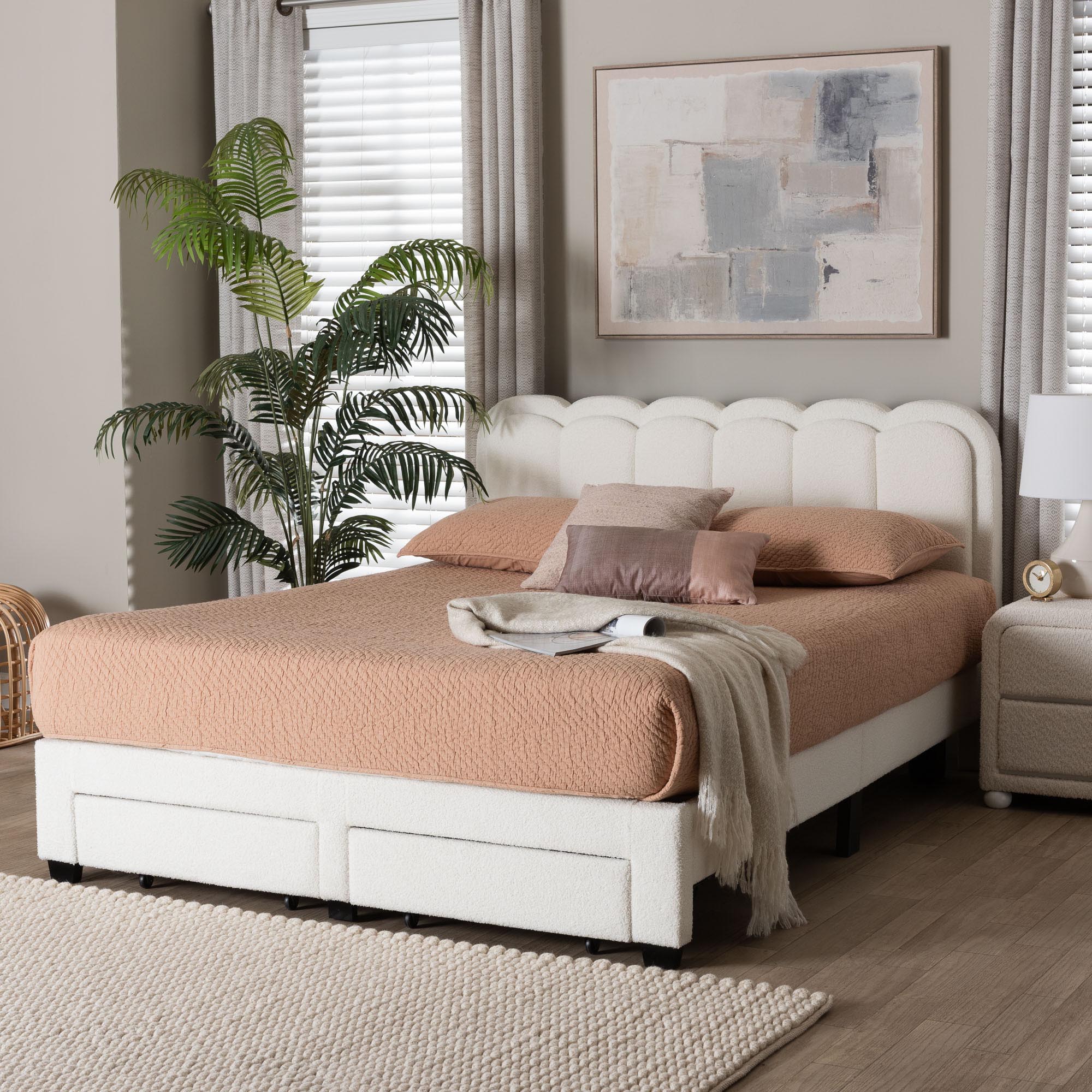 Caradonna Cream Teddy-Bear Fabric Bed with Storage Drawers - Fully Upholstered Platform Bed with Scalloped Headboard,