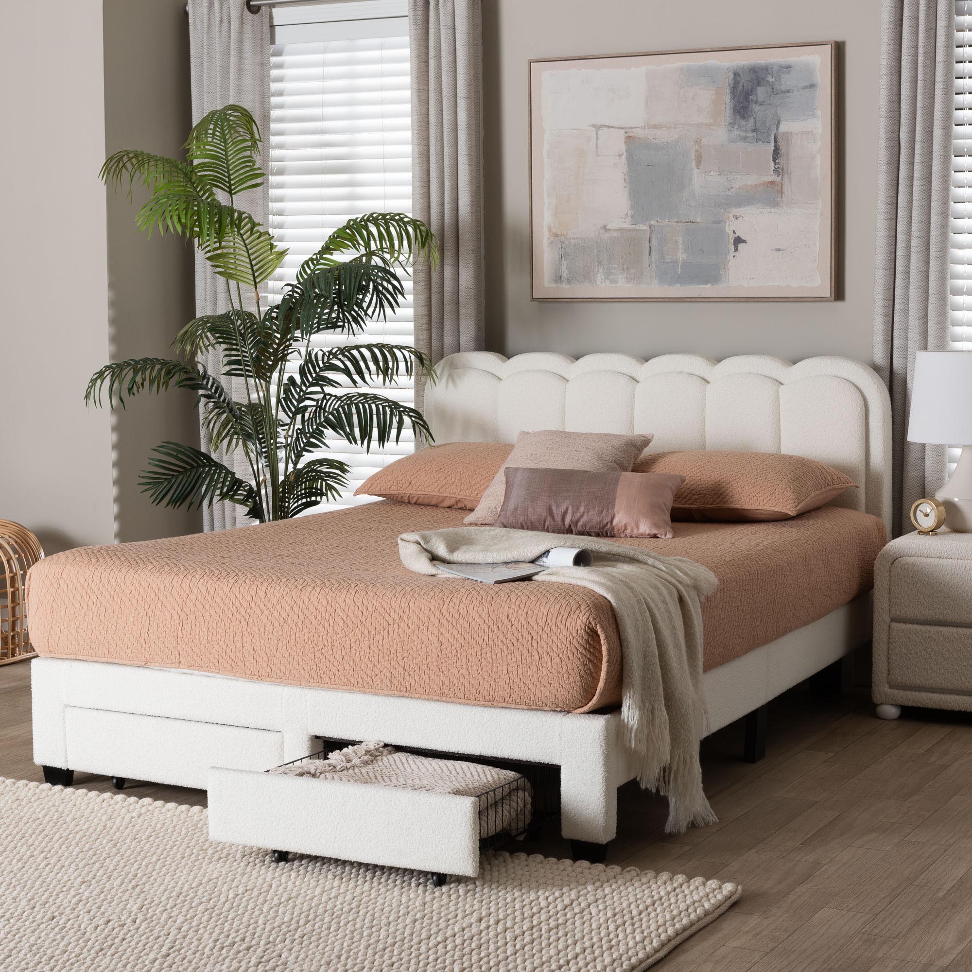 Caradonna Cream Teddy-Bear Fabric Bed with Storage Drawers - Fully Upholstered Platform Bed with Scalloped Headboard,
