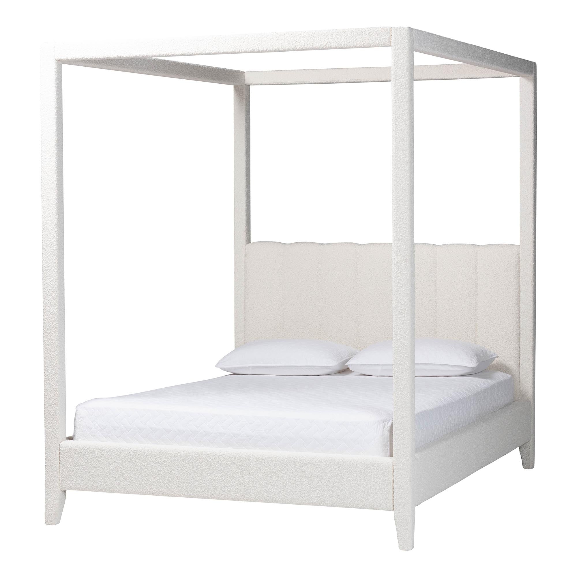 Aerona Boucle Upholstered Canopy Bed - Four Poster Platform Bed with Channel-Tufted Headboard, Cream,