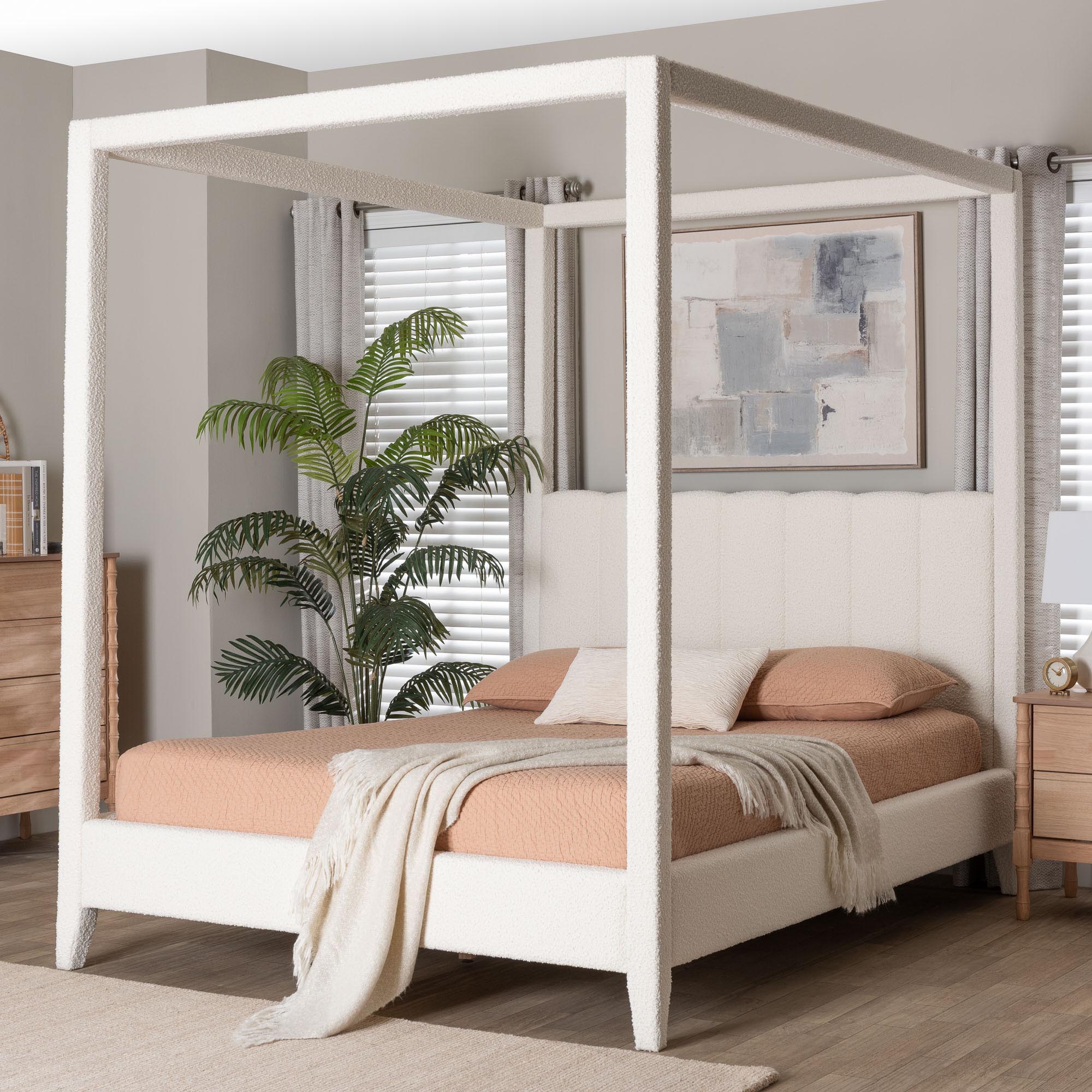 Aerona Boucle Upholstered Canopy Bed - Four Poster Platform Bed with Channel-Tufted Headboard, Cream,