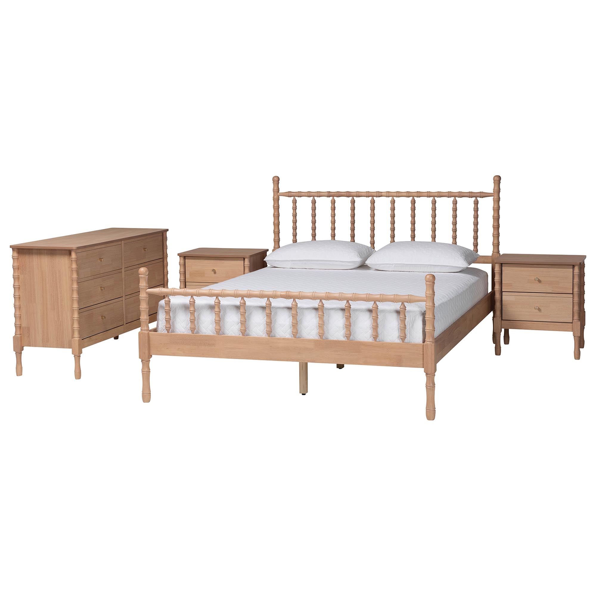 Laurent Bamboo-Style 4-Piece Bedroom Set - Spindle Platform Bed with Matching Dresser and Two Nightstands, Cottage Farmhouse Style,