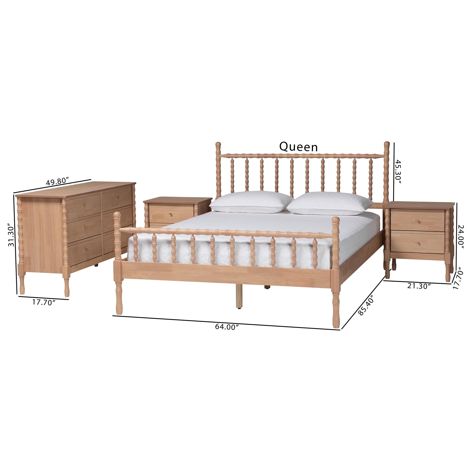 Laurent Bamboo-Style 4-Piece Bedroom Set - Spindle Platform Bed with Matching Dresser and Two Nightstands, Cottage Farmhouse Style,