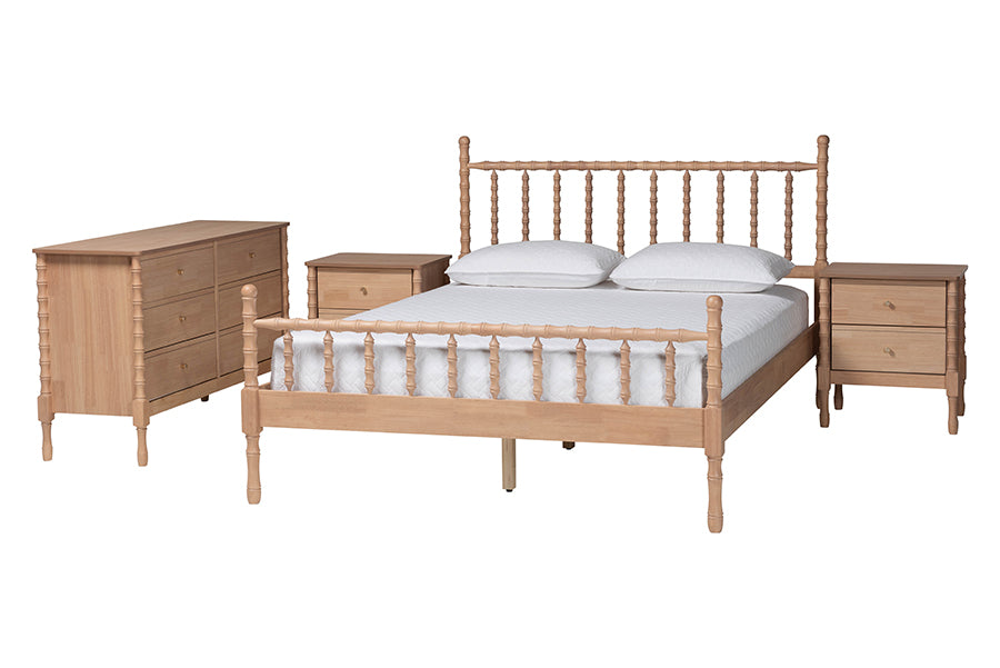 Laurent Bamboo-Style 4-Piece Bedroom Set - Spindle Platform Bed with Matching Dresser and Two Nightstands, Cottage Farmhouse Style,