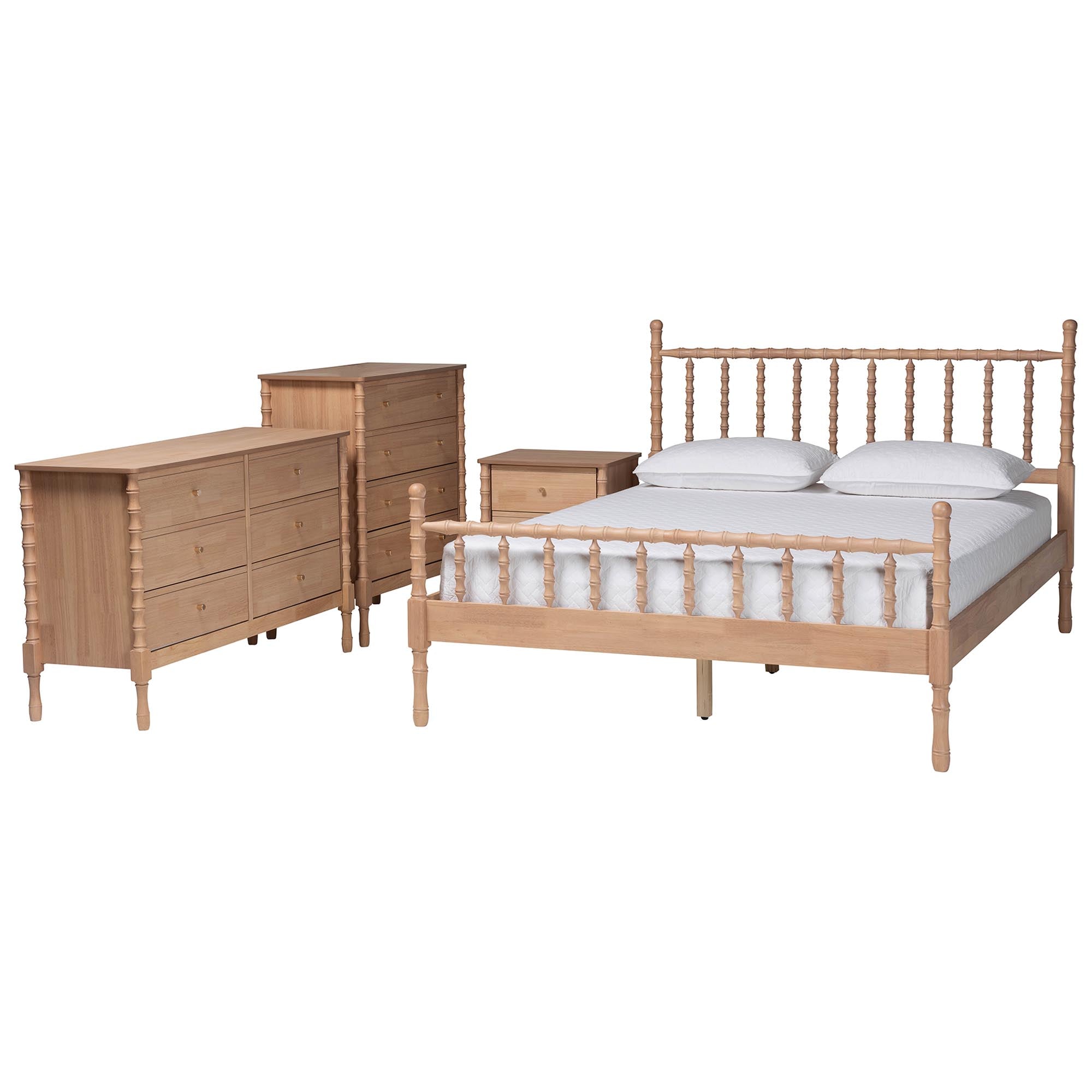 Laurent Bamboo-Style 4-Piece Bedroom Set - Spindle Platform Bed with Matching Dresser, Chest, and Nightstand, Cottage Farmhouse Style,