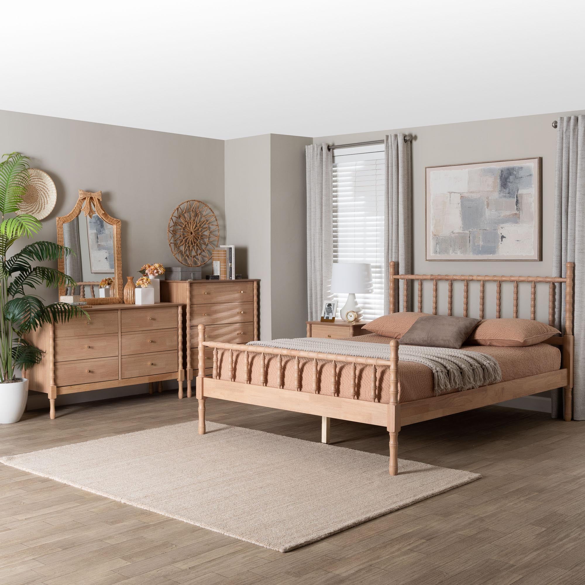 Laurent Bamboo-Style 4-Piece Bedroom Set - Spindle Platform Bed with Matching Dresser, Chest, and Nightstand, Cottage Farmhouse Style,