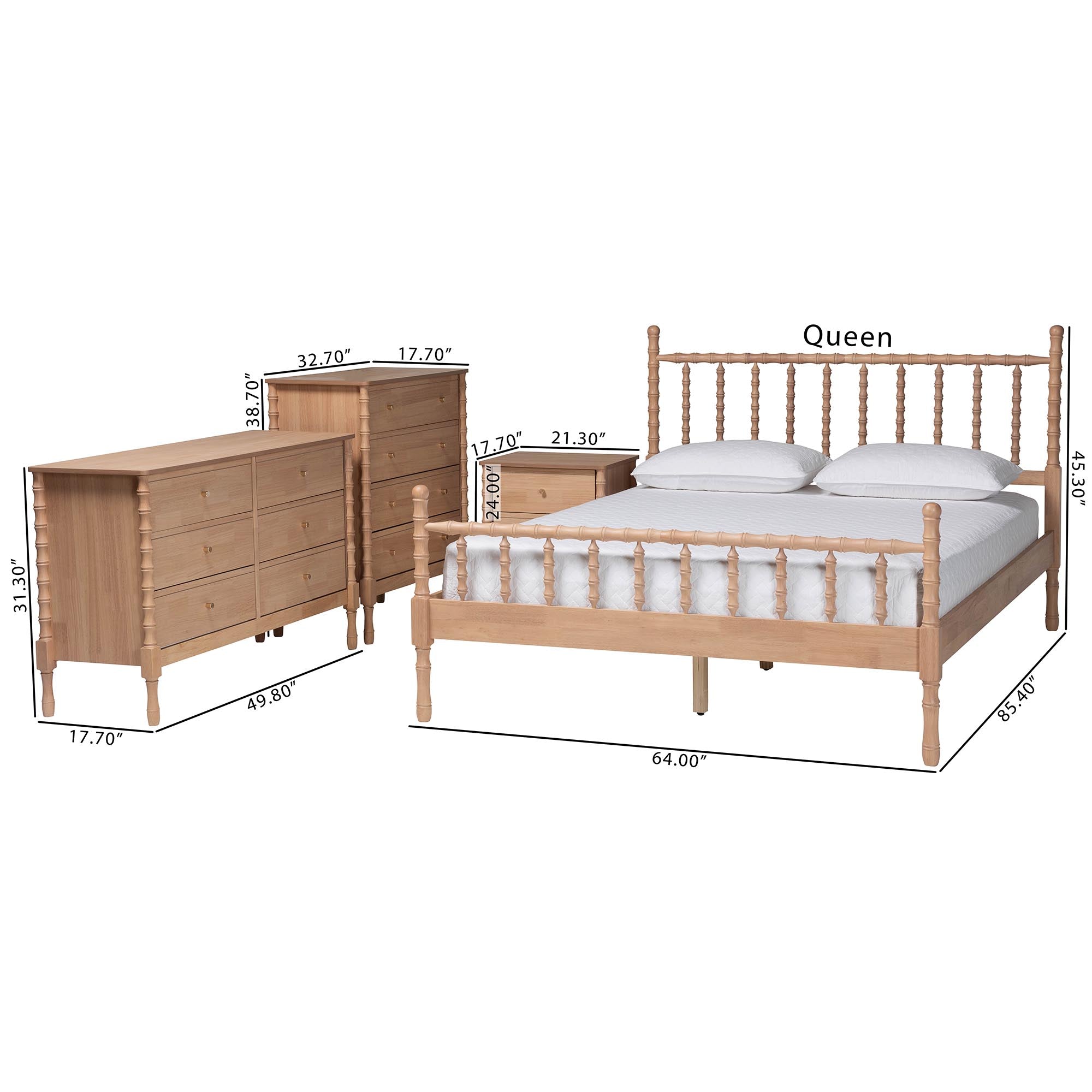 Laurent Bamboo-Style 4-Piece Bedroom Set - Spindle Platform Bed with Matching Dresser, Chest, and Nightstand, Cottage Farmhouse Style,