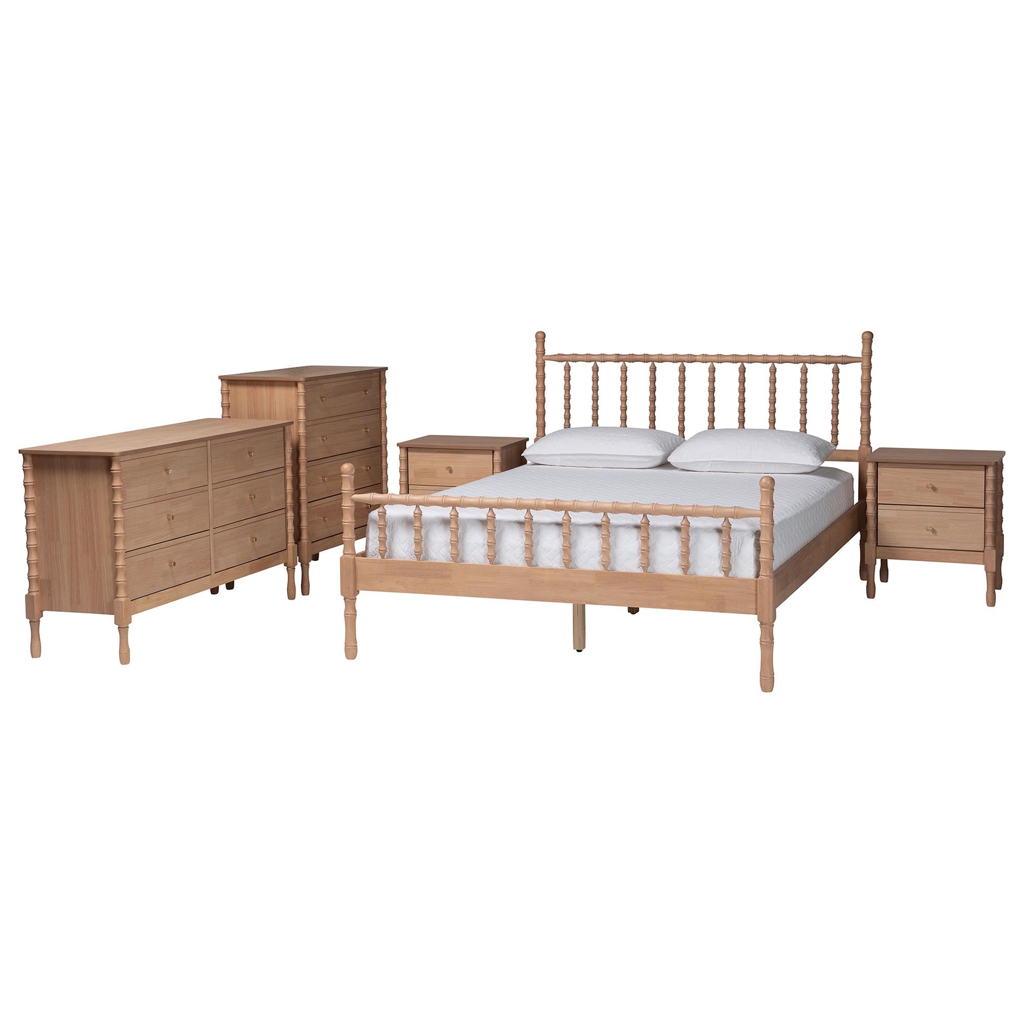 Laurent Bamboo-Style 5-Piece Bedroom Set - Spindle Platform Bed with Matching Dresser, Chest, and Two Nightstands, Cottage Farmhouse Style,