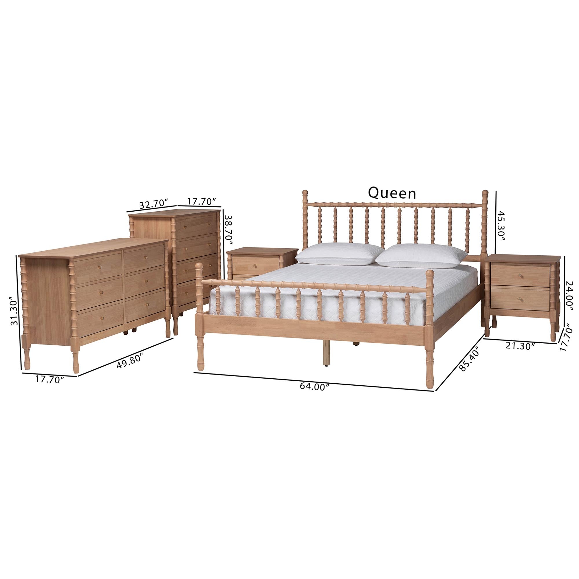 Laurent Bamboo-Style 5-Piece Bedroom Set - Spindle Platform Bed with Matching Dresser, Chest, and Two Nightstands, Cottage Farmhouse Style,