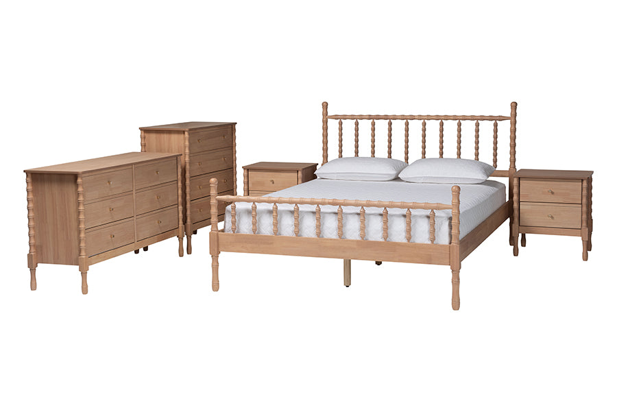Laurent Bamboo-Style 5-Piece Bedroom Set - Spindle Platform Bed with Matching Dresser, Chest, and Two Nightstands, Cottage Farmhouse Style,