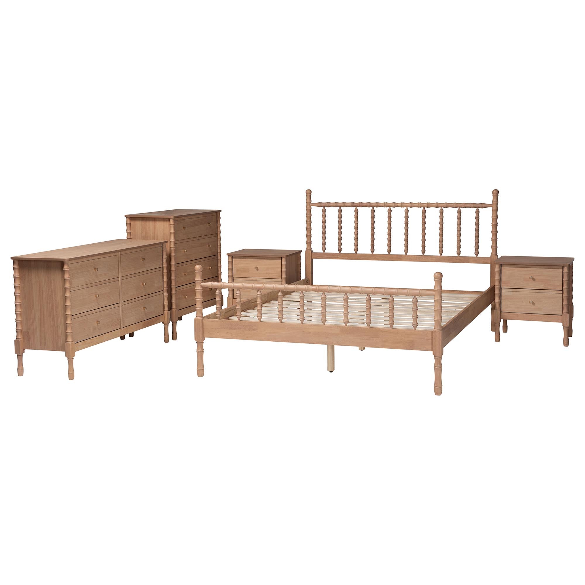 Laurent Bamboo-Style 5-Piece Bedroom Set - Spindle Platform Bed with Matching Dresser, Chest, and Two Nightstands, Cottage Farmhouse Style,