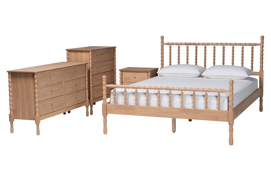 Laurent Bamboo-Style 4-Piece Bedroom Set - Spindle Platform Bed with Matching Dresser, Chest, and Nightstand, Cottage Farmhouse Style,
