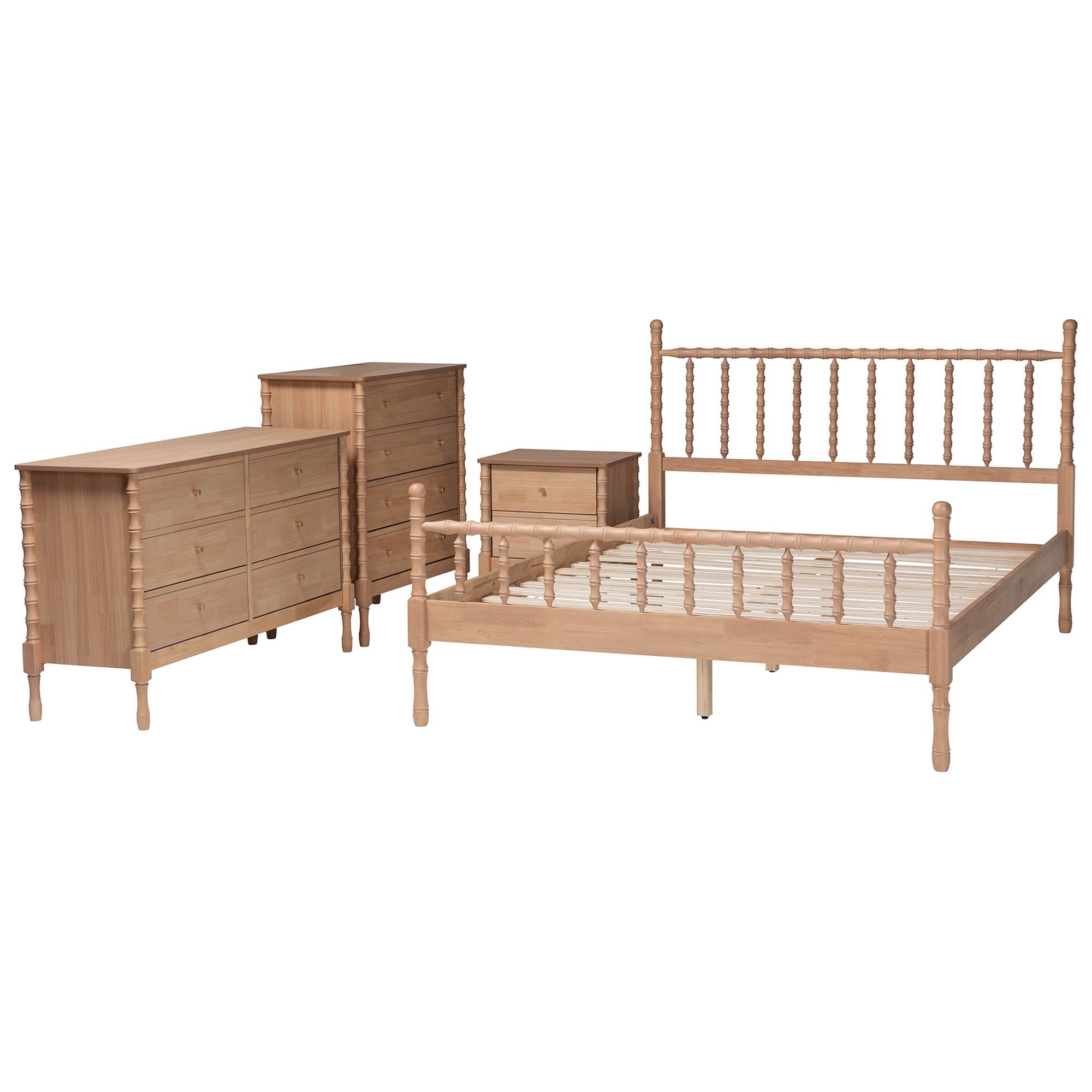 Laurent Bamboo-Style 4-Piece Bedroom Set - Spindle Platform Bed with Matching Dresser, Chest, and Nightstand, Cottage Farmhouse Style,