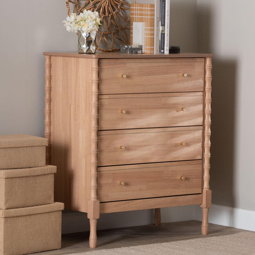 Laurent Chest 4-Drawer Bedroom Organizer with Bamboo-Style Turned Legs, Cottage Farmhouse Storage Cabinet