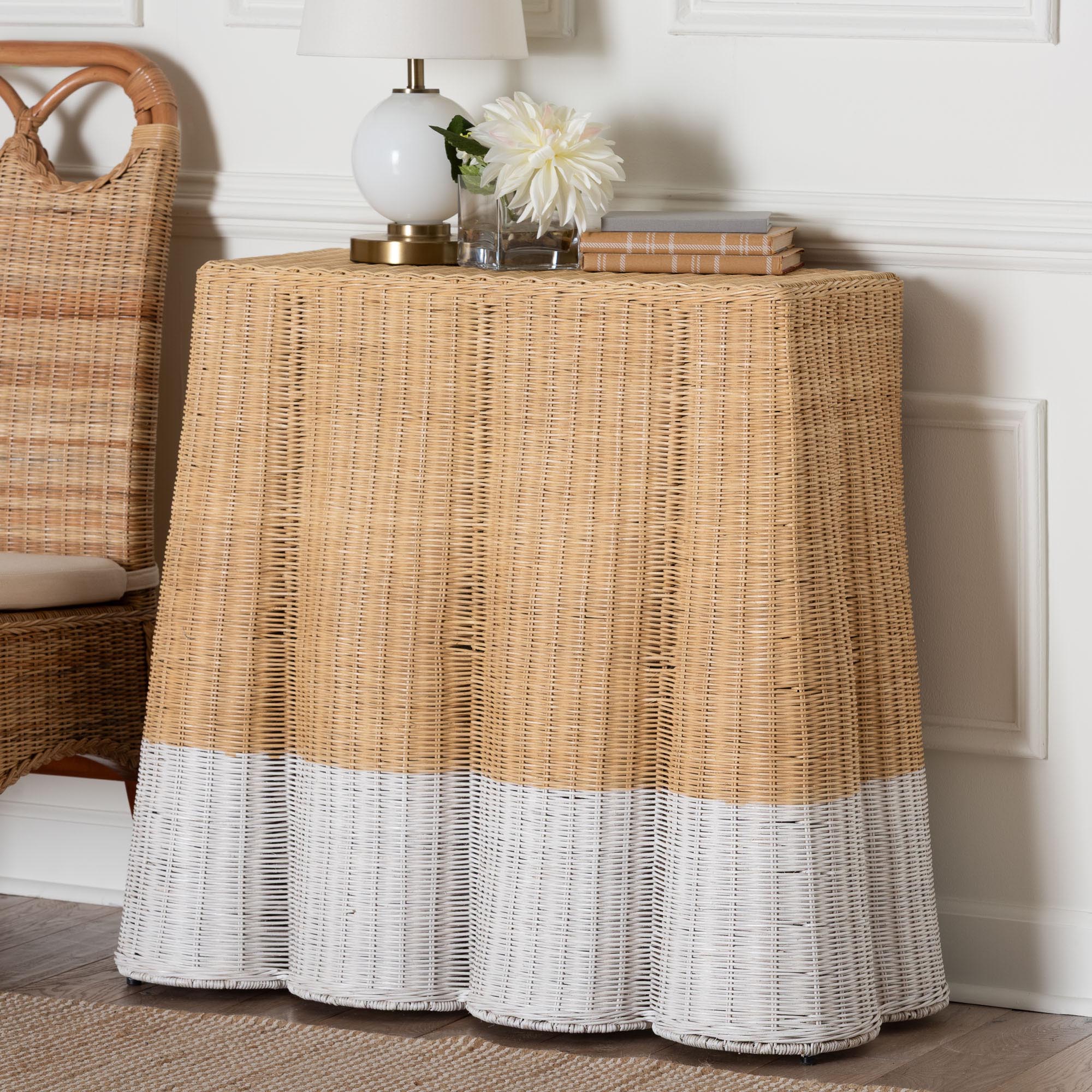 bali & pari Palm Scallop Rattan Console Table - Handwoven Wicker Accent Table, Coastal & Boho Decor, Rectangle 36", Two-Tone /