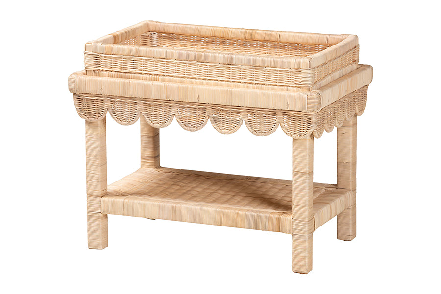 bali & pari Weyman Scalloped Rattan End Table with Removable Tray Top - Handwoven Rattan Accent Table with Shelf, Coastal Boho Style Side Table for Living Room or Bedroom