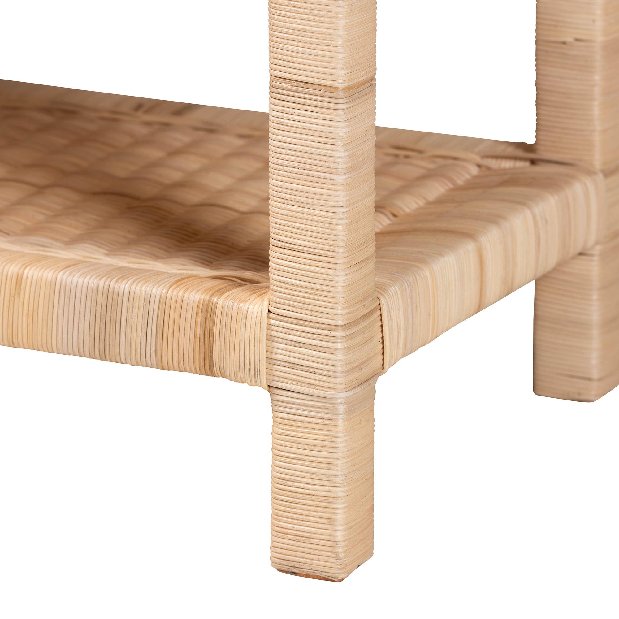 bali & pari Weyman Scalloped Rattan End Table with Removable Tray Top - Handwoven Rattan Accent Table with Shelf, Coastal Boho Style Side Table for Living Room or Bedroom