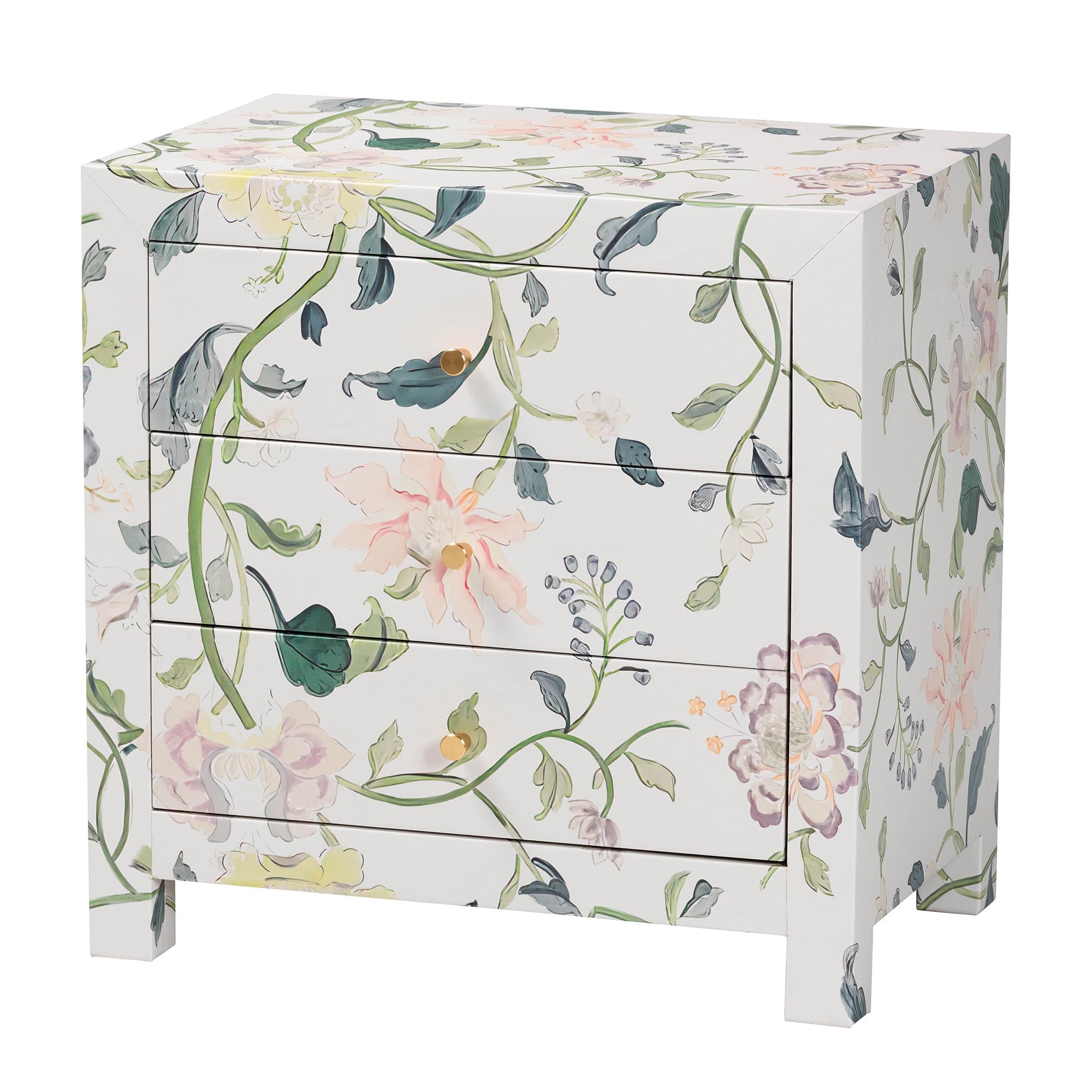 Connery Floral End Table 3-Drawer Decorative Accent Storage Cabinet