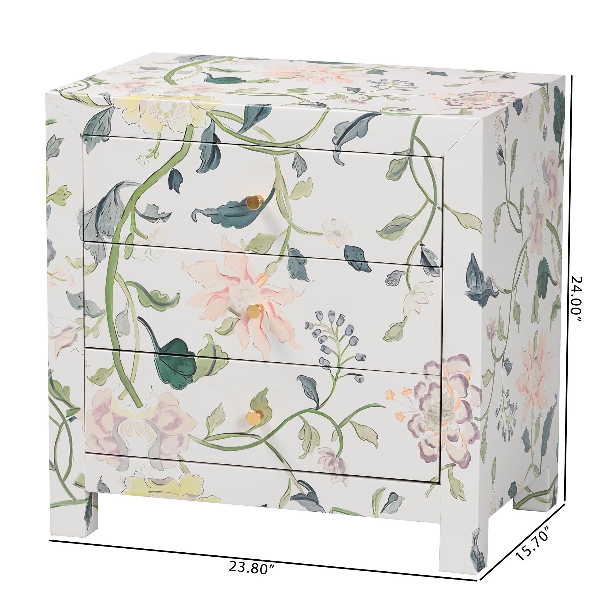 Connery Floral End Table 3-Drawer Decorative Accent Storage Cabinet