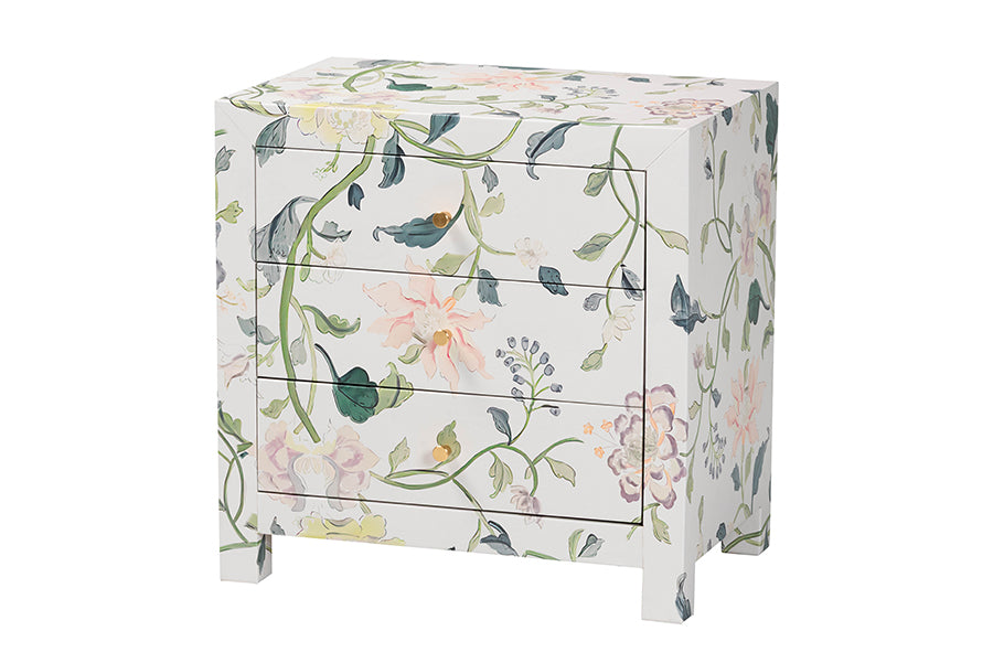 Connery Floral End Table 3-Drawer Decorative Accent Storage Cabinet