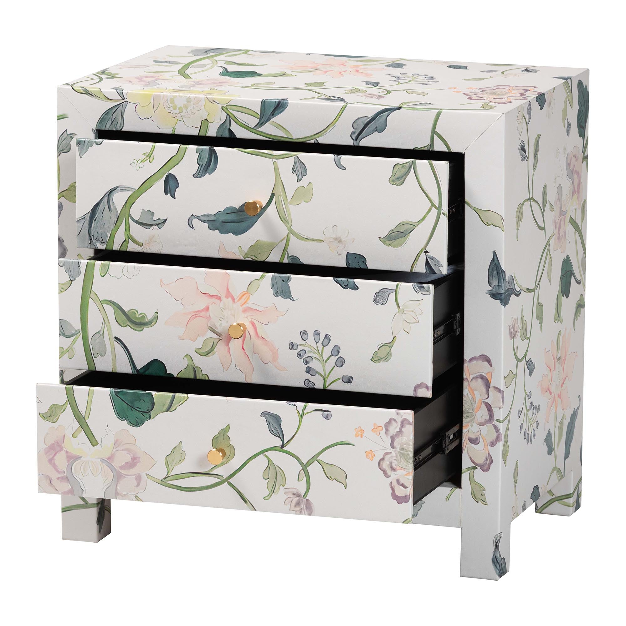 Connery Floral End Table 3-Drawer Decorative Accent Storage Cabinet