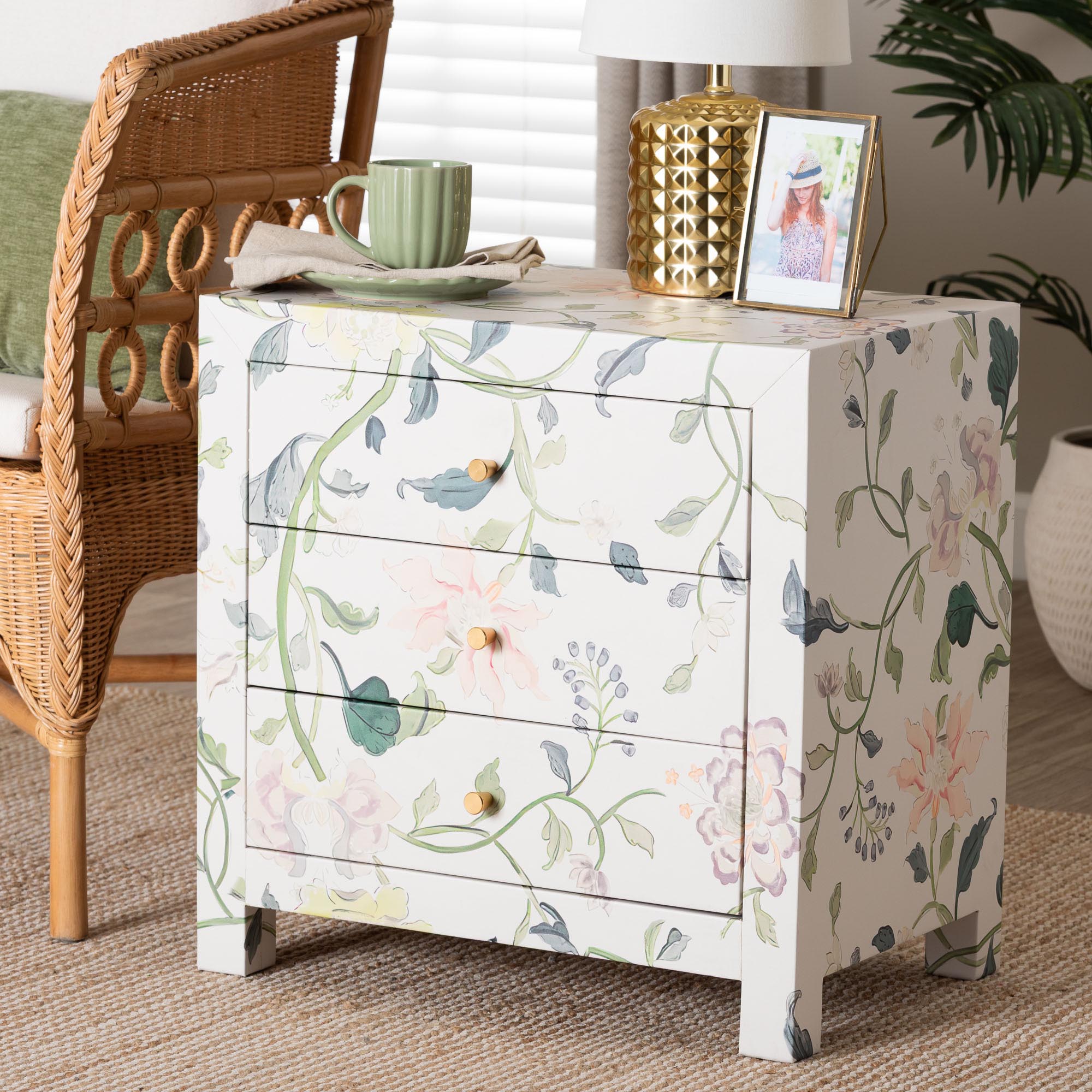Connery Floral End Table 3-Drawer Decorative Accent Storage Cabinet