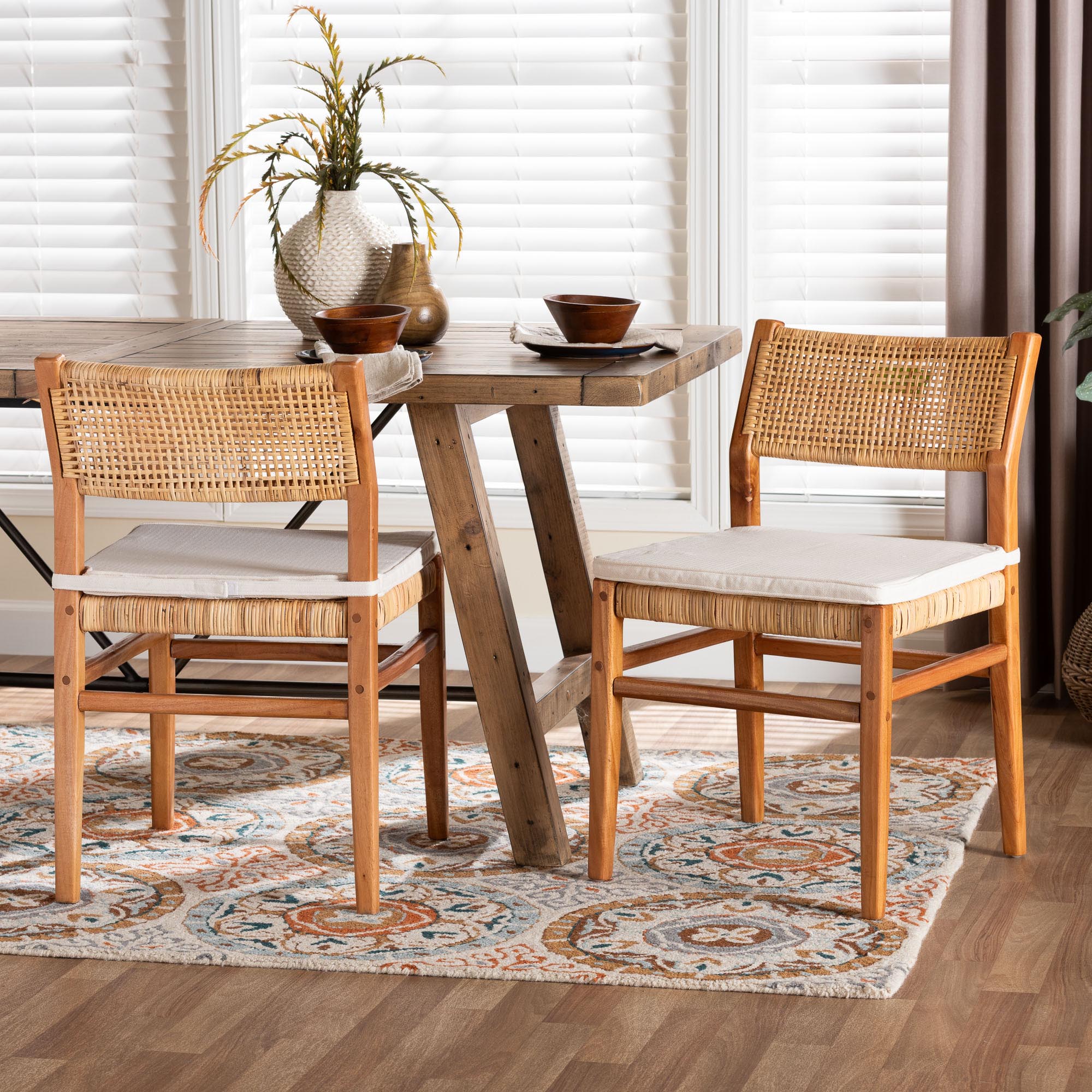bali & pari Chatura Rattan and Mahogany Wood 2-Piece Dining Side Chair Set - Handwoven Wicker Dining Chair with Angled Back, Coastal Boho Seating for Dining or Kitchen