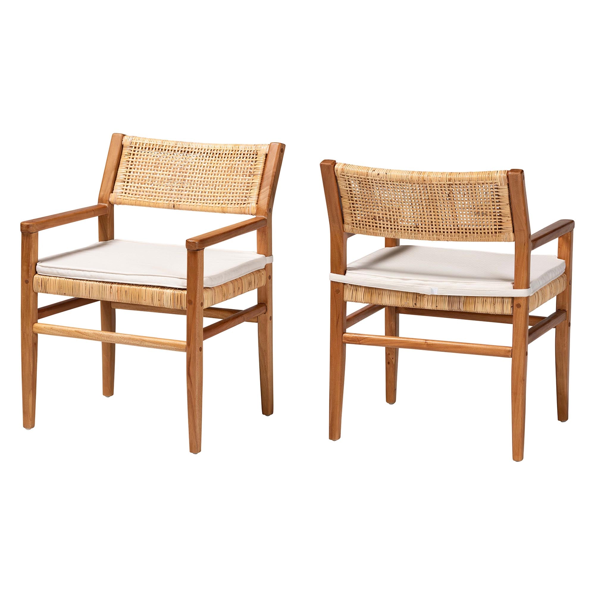 bali & pari Chatura Rattan and Mahogany Wood 2-Piece Dining Armchair Set - Handwoven Wicker Dining Chair with Angled Back, Coastal Boho Seating for Dining or Kitchen