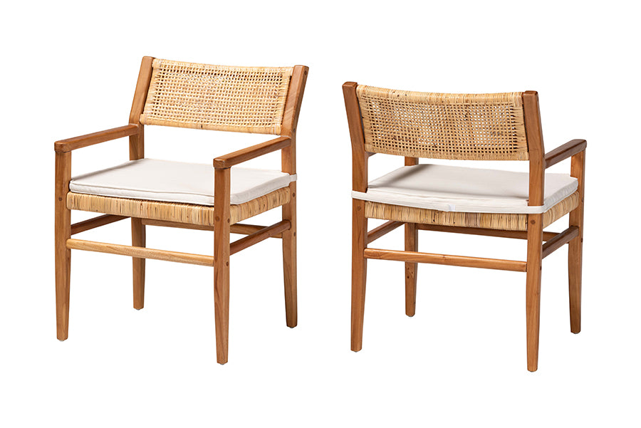 bali & pari Chatura Rattan and Mahogany Wood 2-Piece Dining Armchair Set - Handwoven Wicker Dining Chair with Angled Back, Coastal Boho Seating for Dining or Kitchen